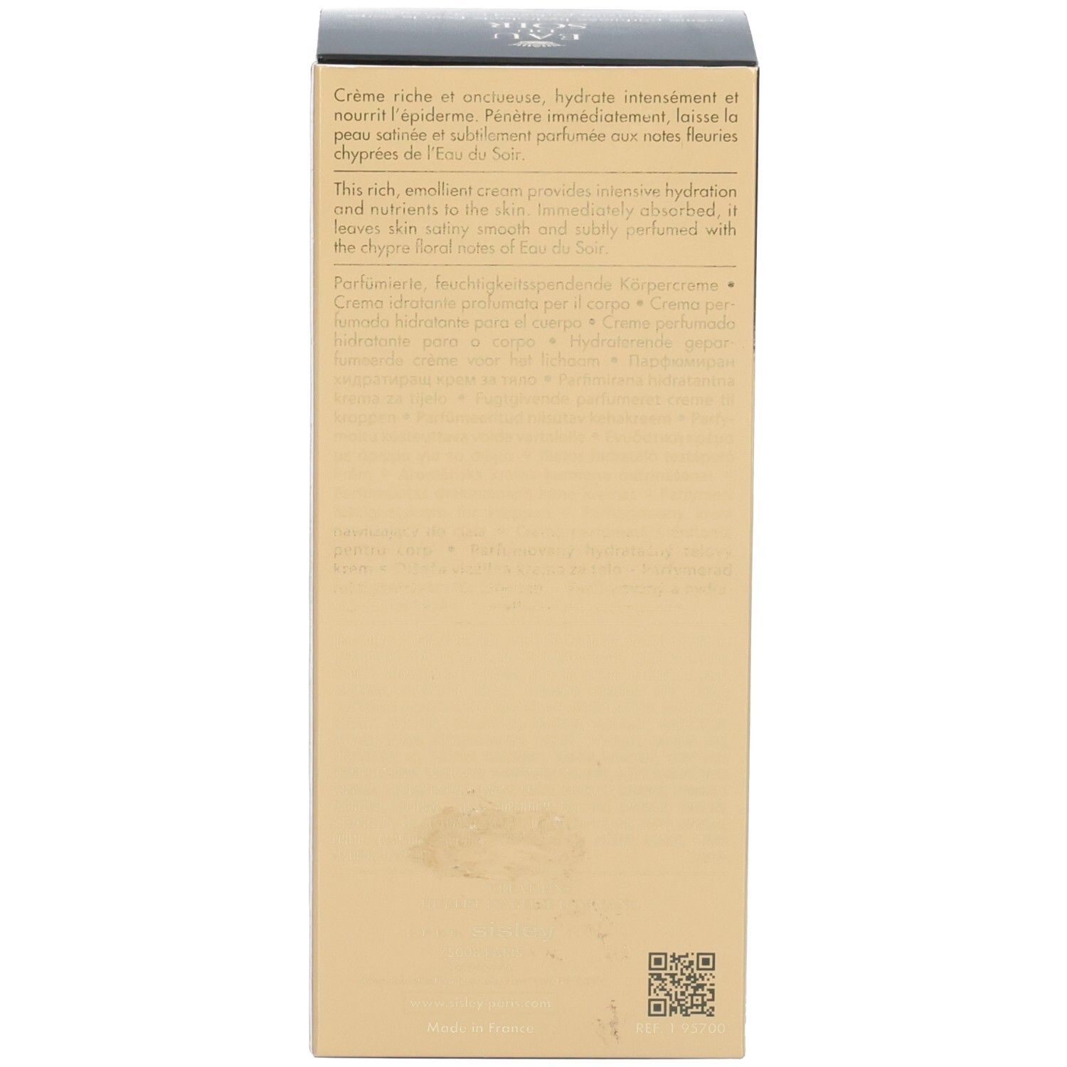 Arrière d'une boîte d'emballage dorée avec description produit multilingue et QR code.