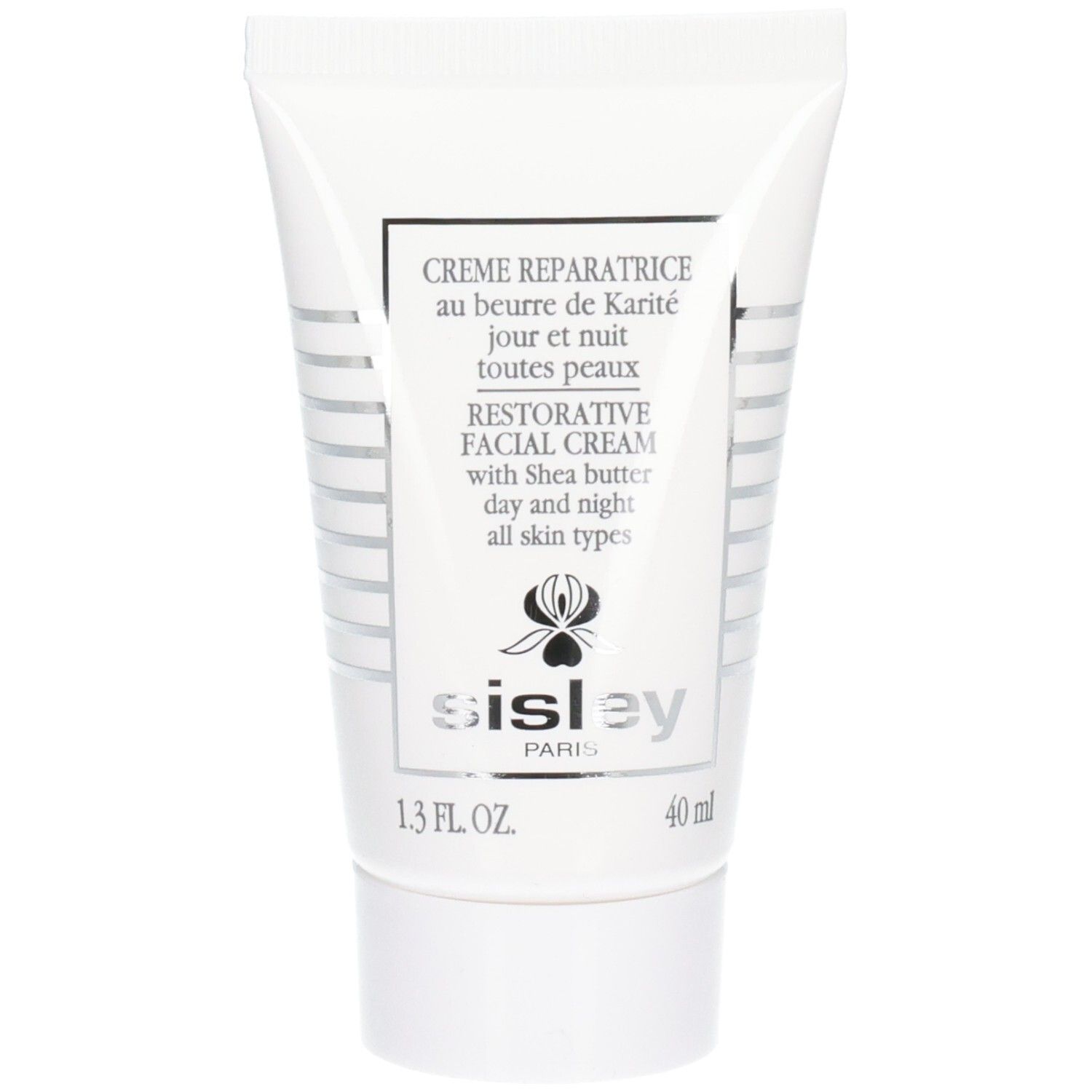 Sisley Creme Reparatrice, crème pour le visage en tube blanc à rayures argentées. 40 ml.