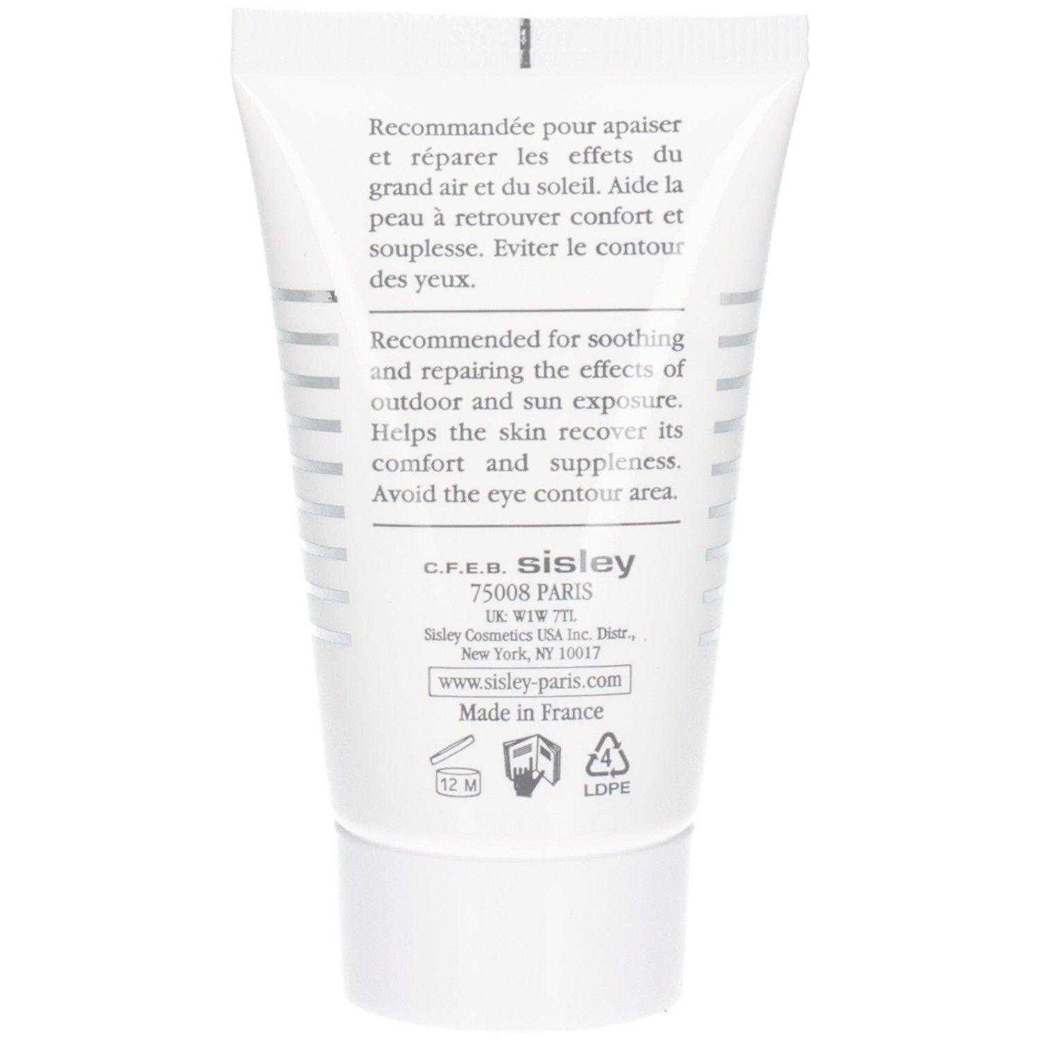 Dos de la crème Sisley Creme Reparatrice avec instructions et informations produit. Fabriqué en France.