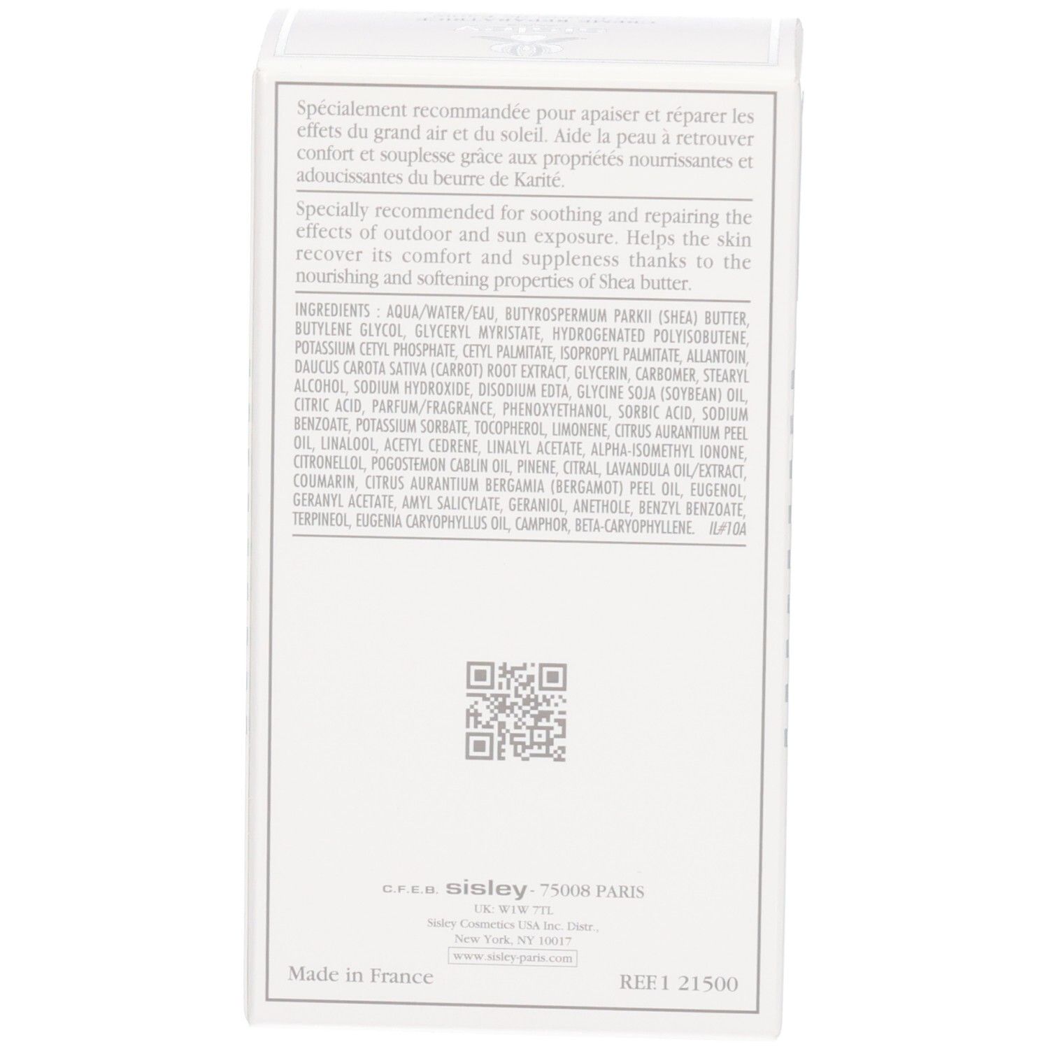 Dos de la boîte Sisley Creme Reparatrice avec liste des ingrédients et QR code. Fabriqué en France.