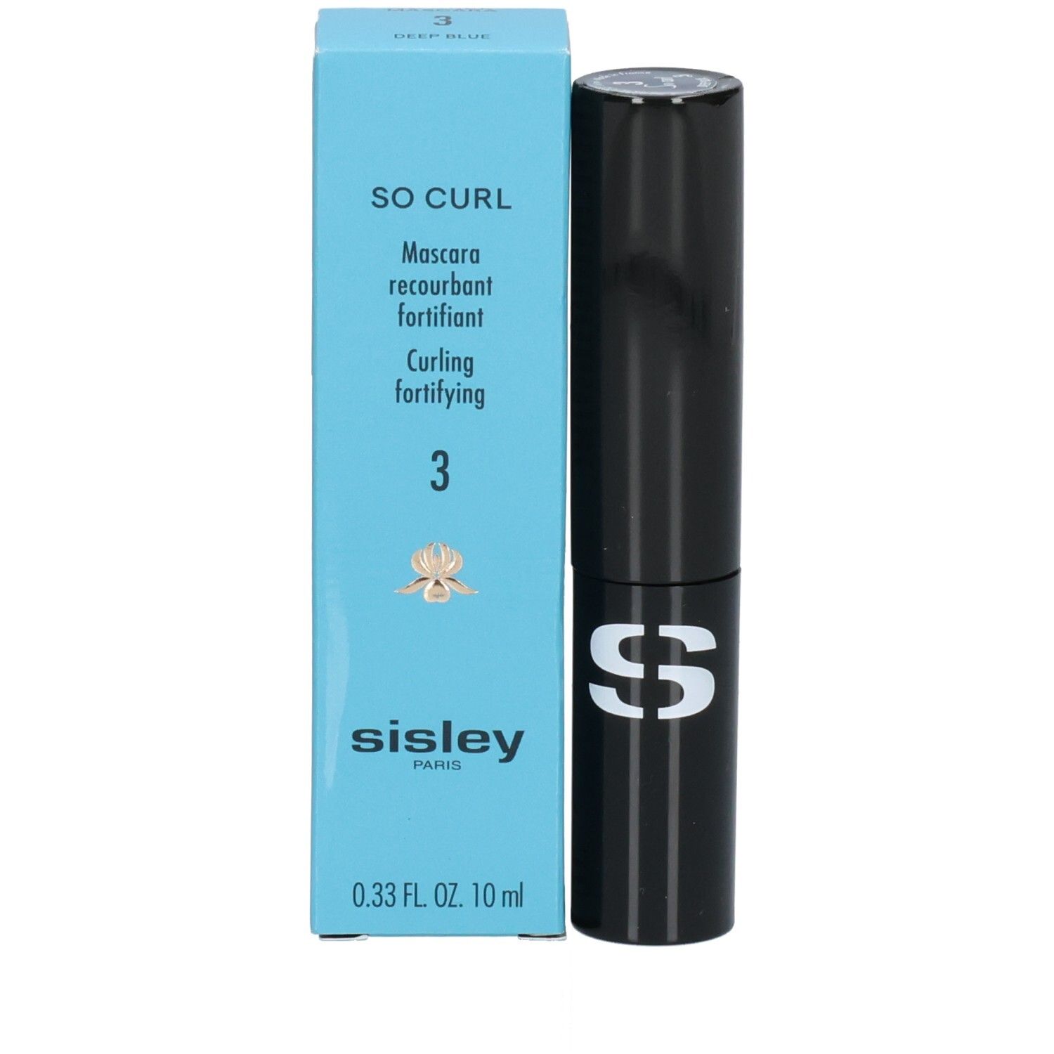 Mascara So Curl Sisley dans un emballage noir avec boîte bleue.