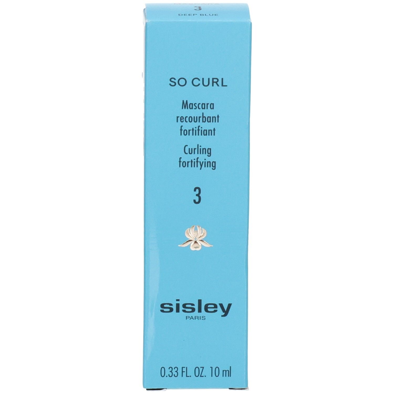 Boîte bleue du mascara So Curl Sisley avec informations produit.