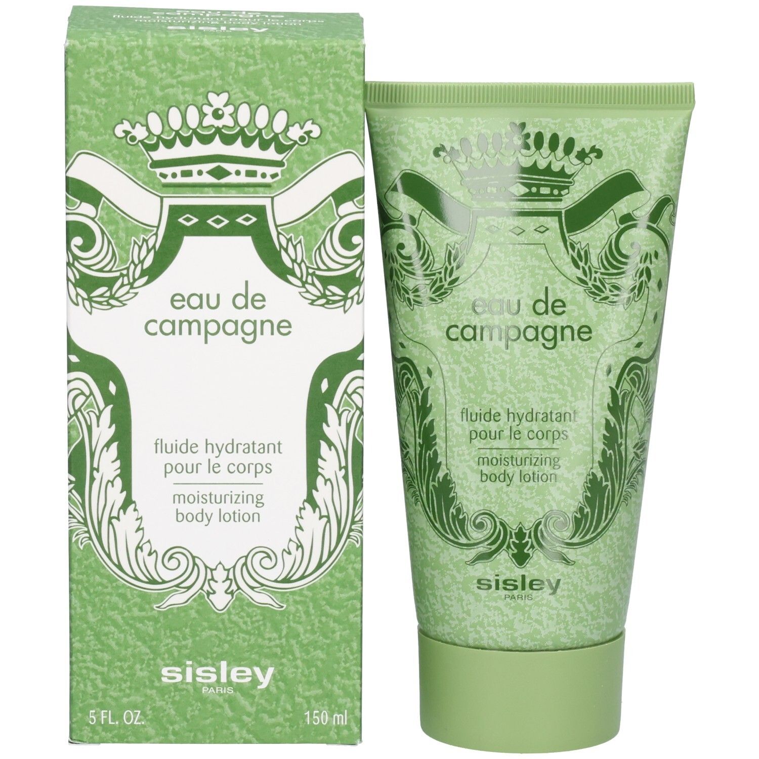Sisley Eau de Campagne Hydraterende Bodylotion naast de groene verpakkingsdoos met wapenschildmotief.