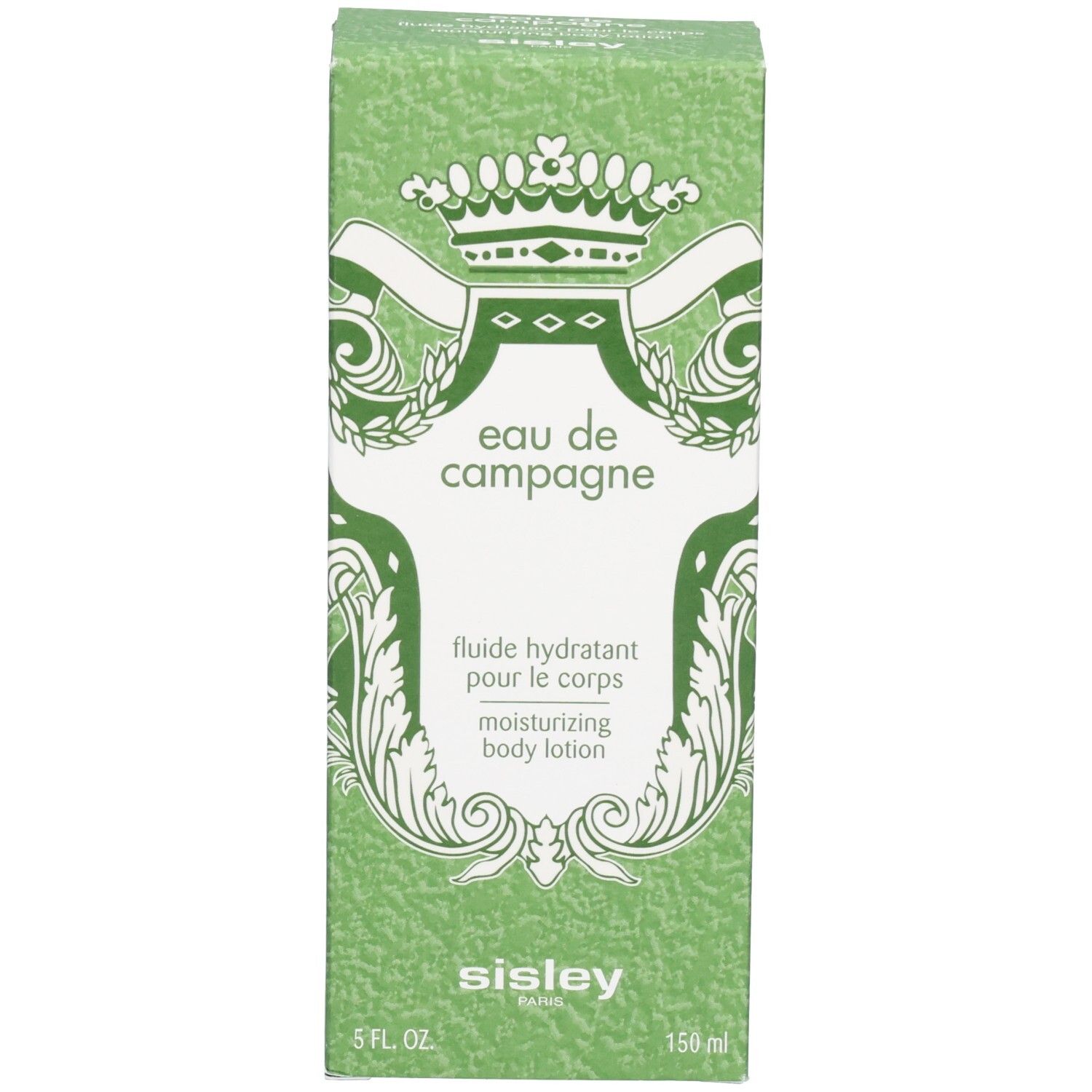 Groene verpakkingsdoos voor Sisley Eau de Campagne Hydraterende Bodylotion met koninklijk wapenschildmotief.