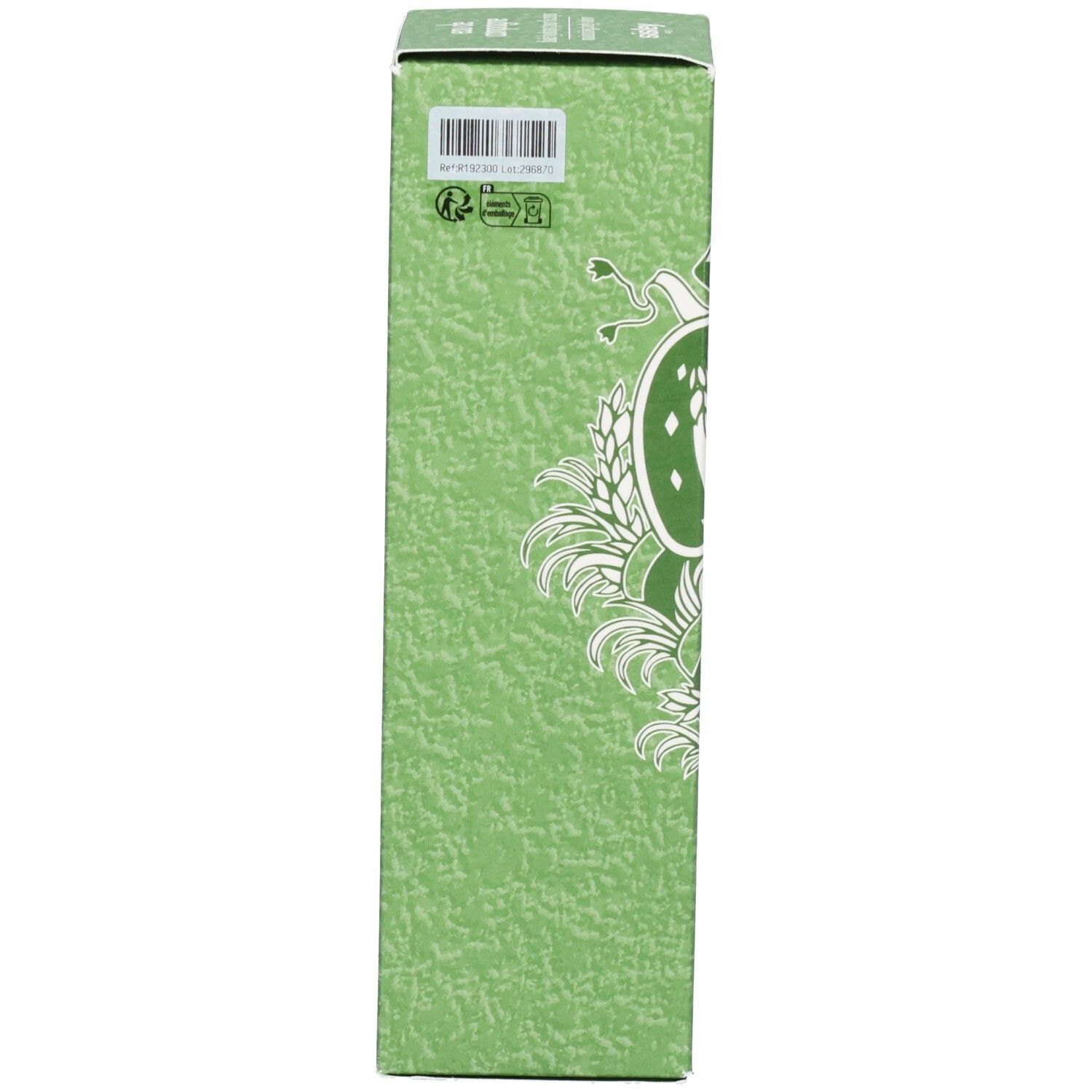 Zijkant van de groene verpakkingsdoos voor Sisley Eau de Campagne Hydraterende Bodylotion met patroon.