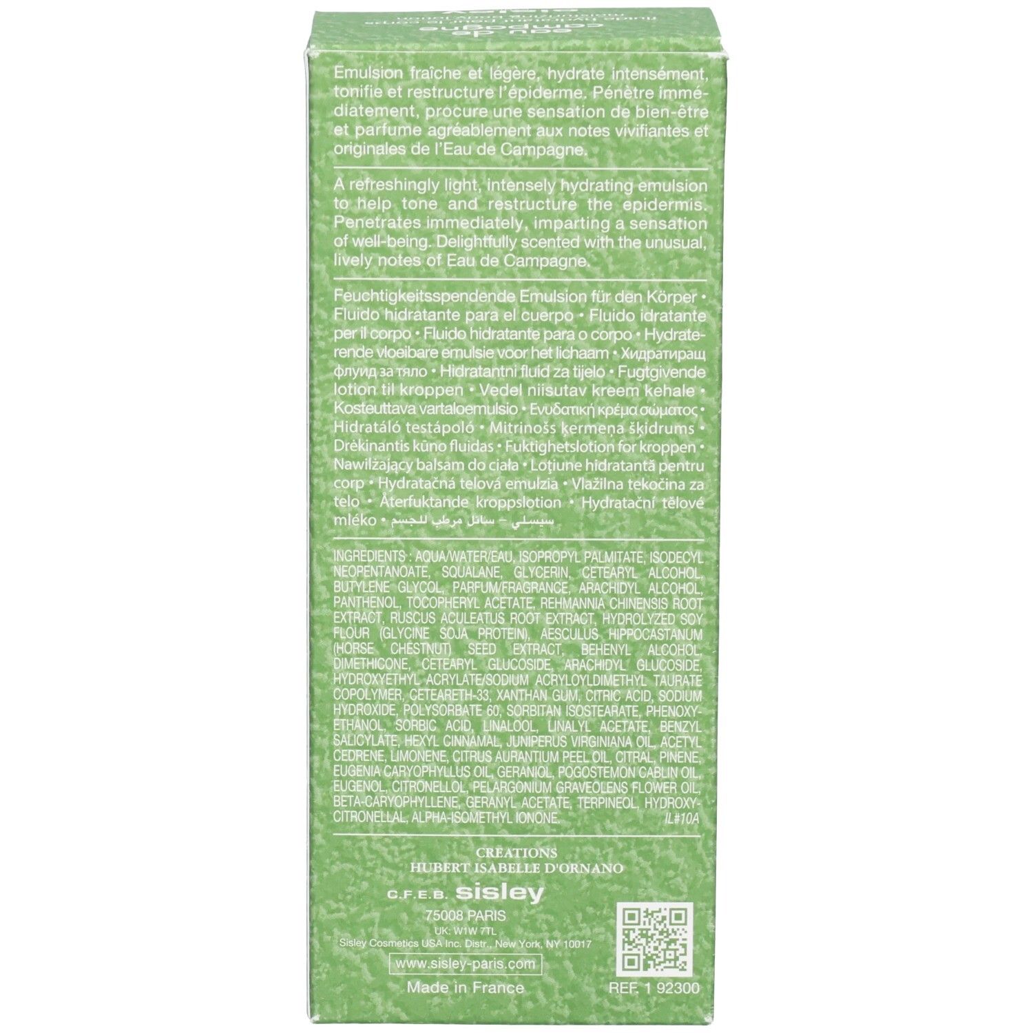 Achterkant van de groene verpakkingsdoos Sisley Eau de Campagne Hydraterende Bodylotion met tekst en QR-code.