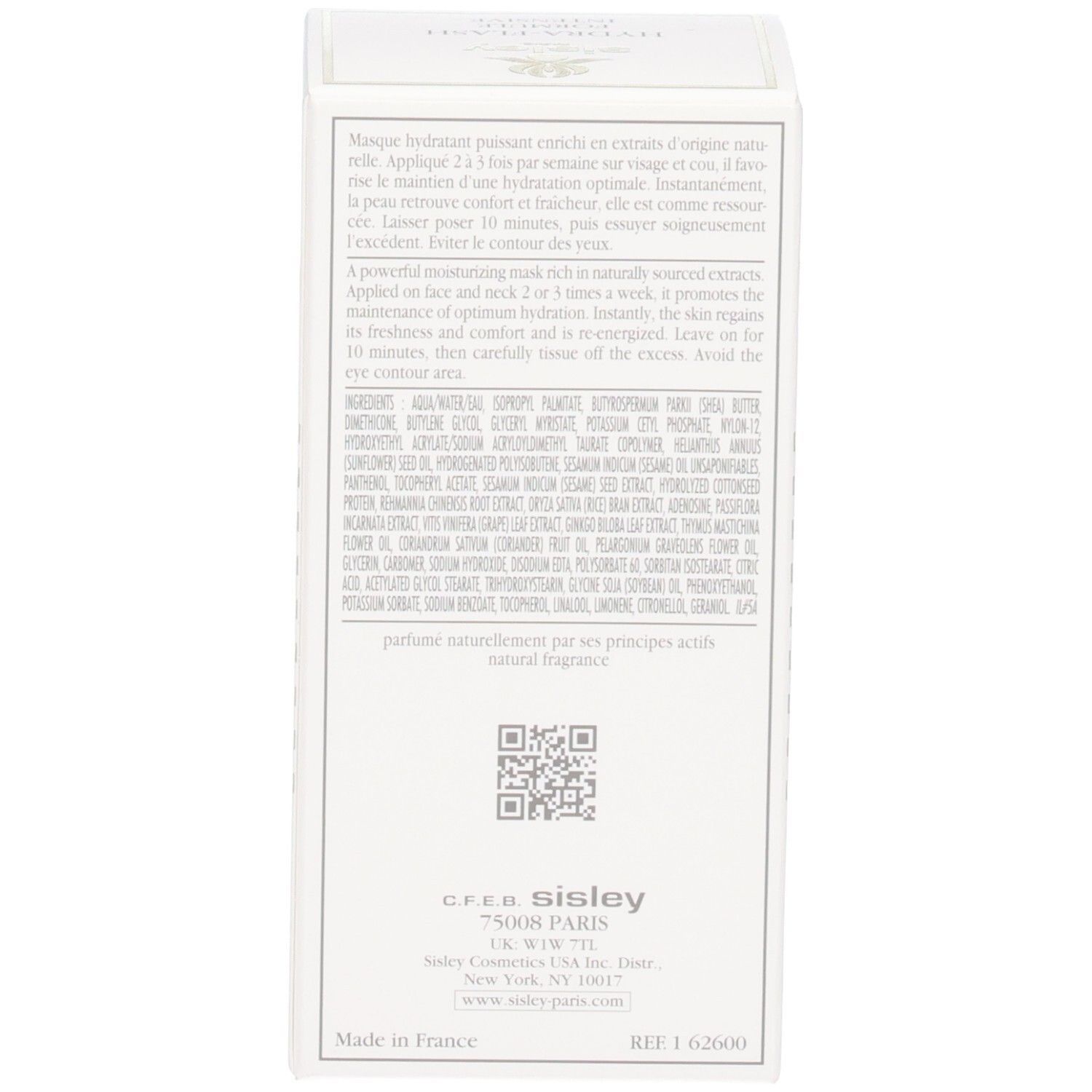 Achterkant van de Sisley Hydra-Flash Formule Intensive doos met ingrediënten.
