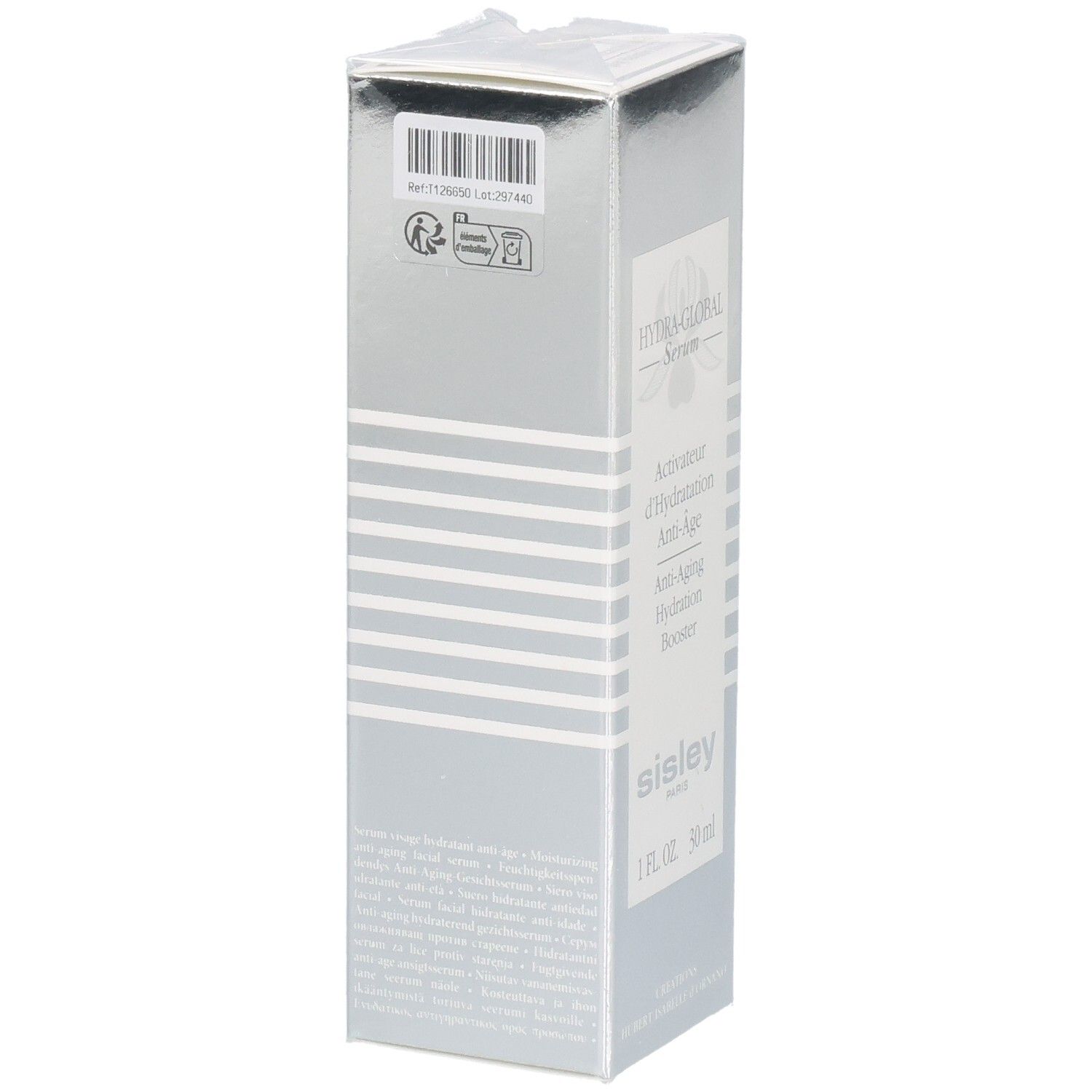 Sisley Hydra-Global Serum Anti-Aging Hydration Booster verpakking met barcode en productinformatie.