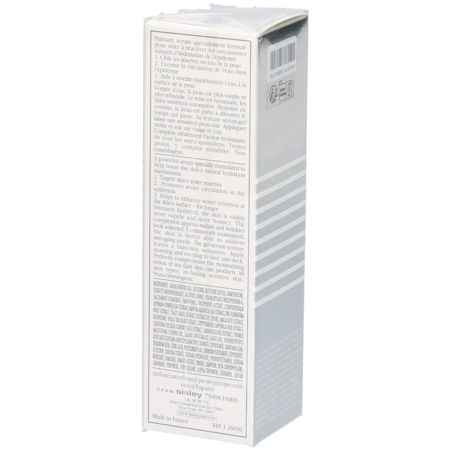Sisley Hydra-Global Serum Anti-Aging Hydration Booster verpakking met gebruiksinstructies en ingrediëntenlijst.
