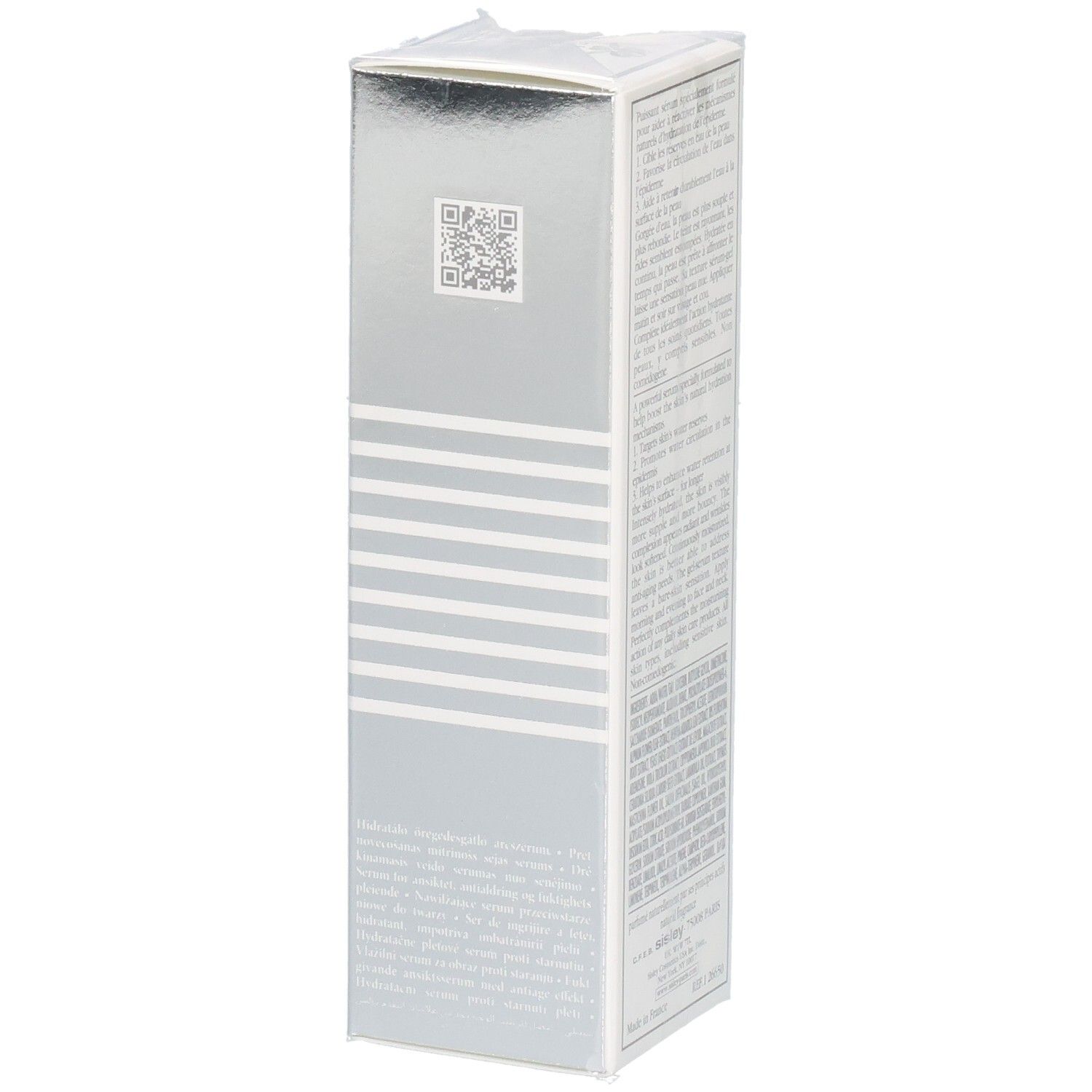 Sisley Hydra-Global Serum Anti-Aging Hydration Booster verpakking met QR-code en productinformatie.