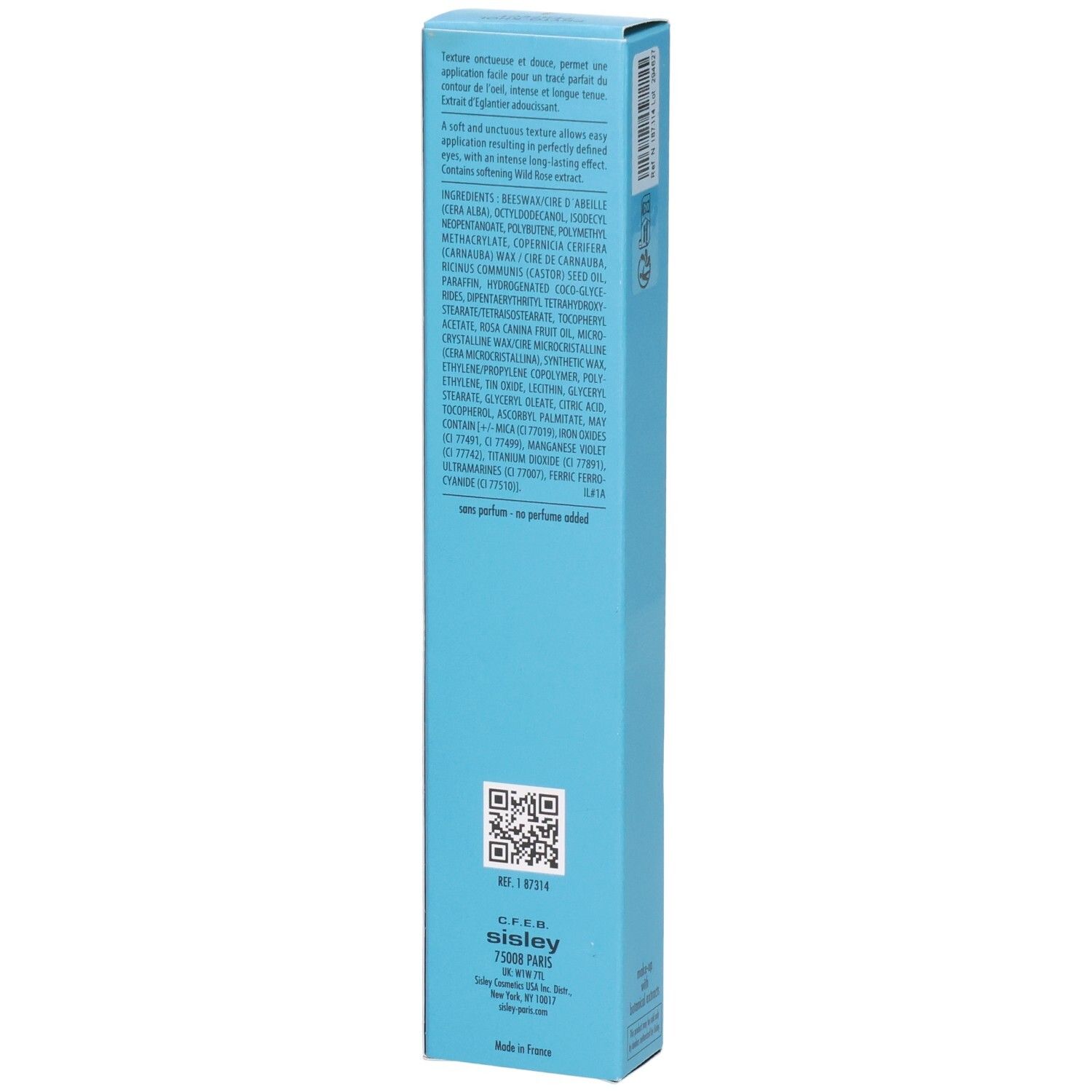 Achterkant van de Sisley Phyto-Khol Perfect Eyeliner doos met ingrediëntenlijst en QR-code.