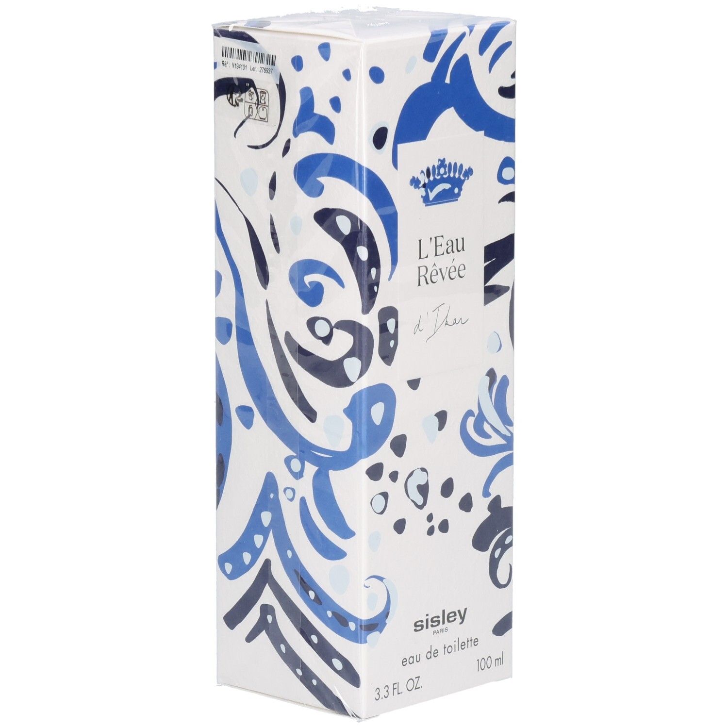 Boîte de L'Eau Rêvée d'Ikar avec motif bleu et blanc et couronne royale.