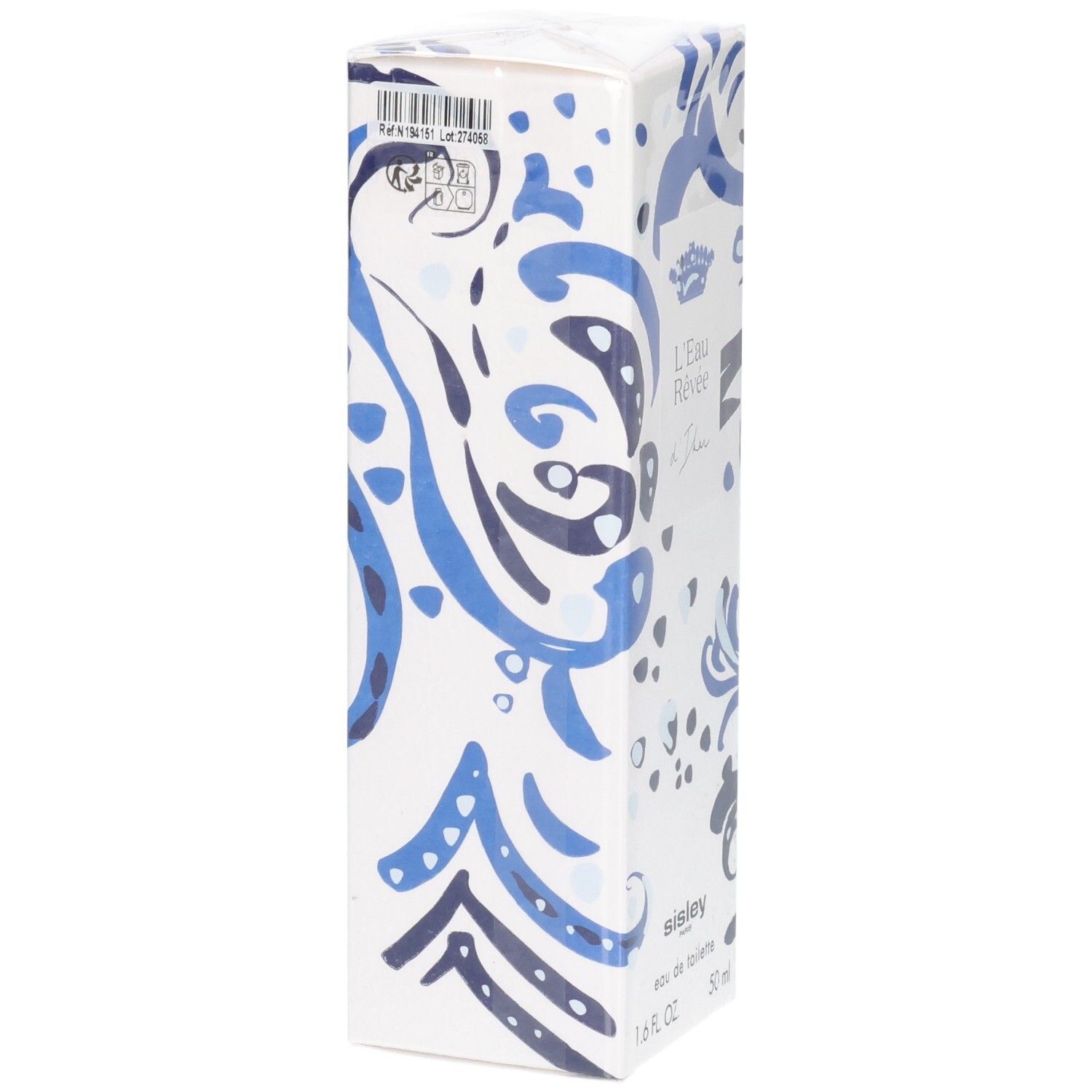 Sisley L'Eau Rêvée d'Ikar Eau de Toilette kartonnen verpakking, zijkant met blauw patroon.