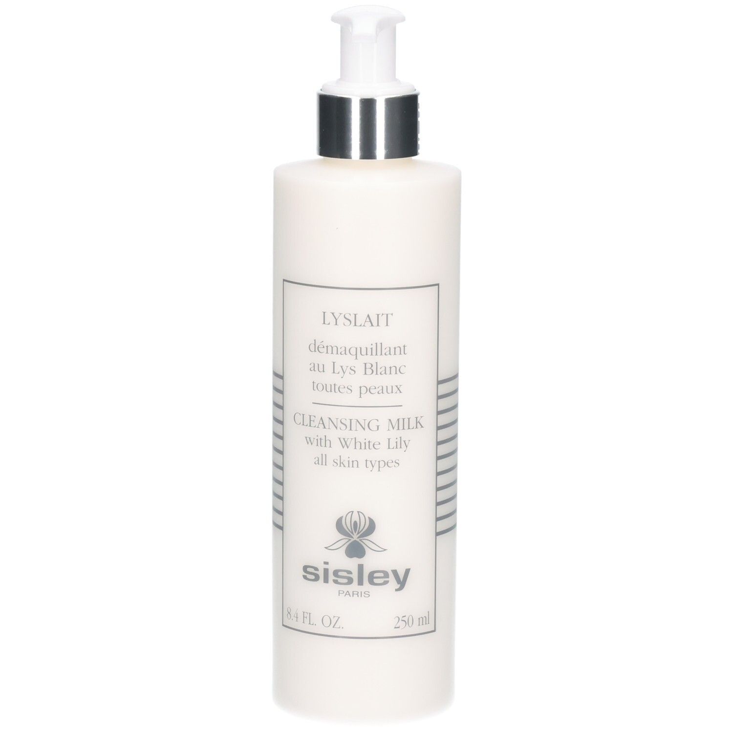 Witte fles met pompdosering, Sisley Lyslait reinigingsmelk, 250 ml.