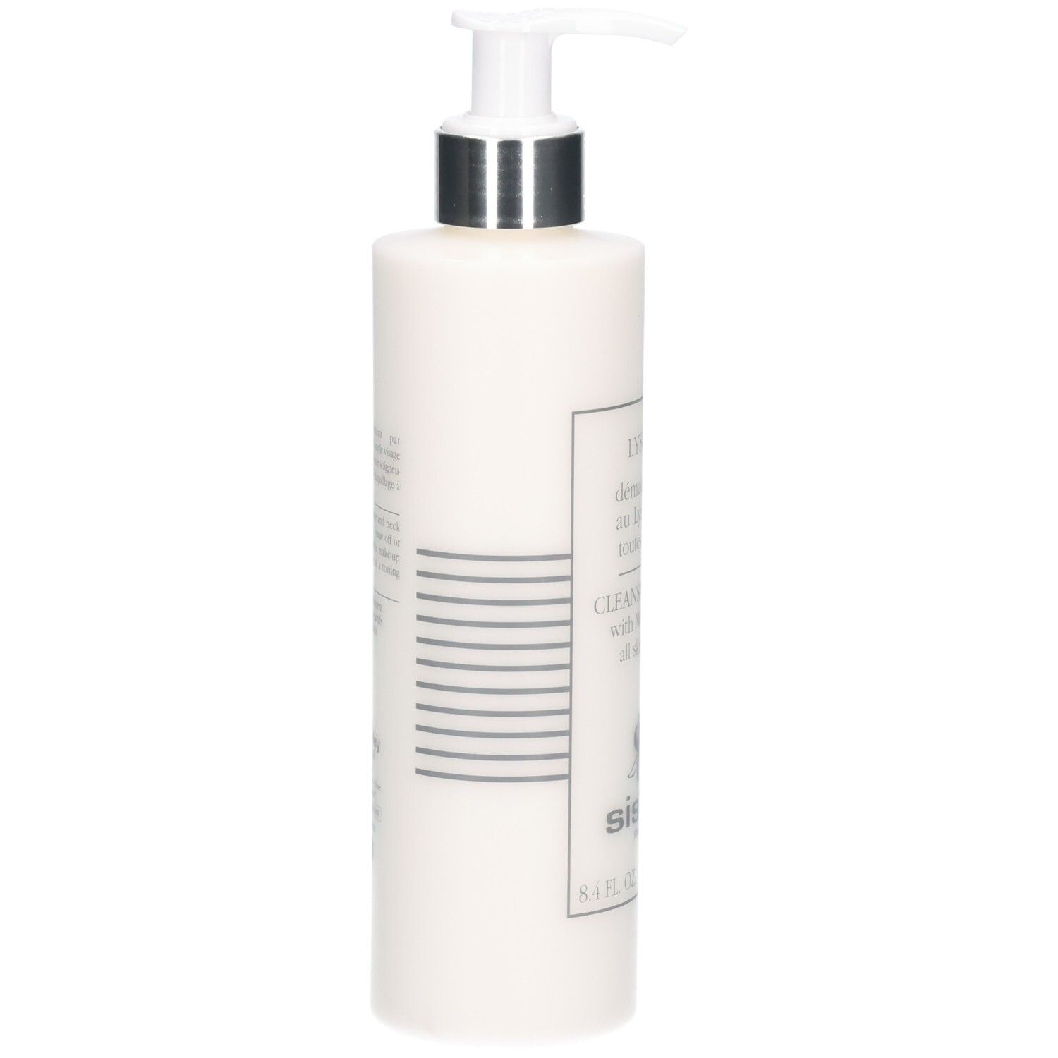 Zijaanzicht van een witte fles met pompdosering, Sisley Lyslait reinigingsmelk, 250 ml.