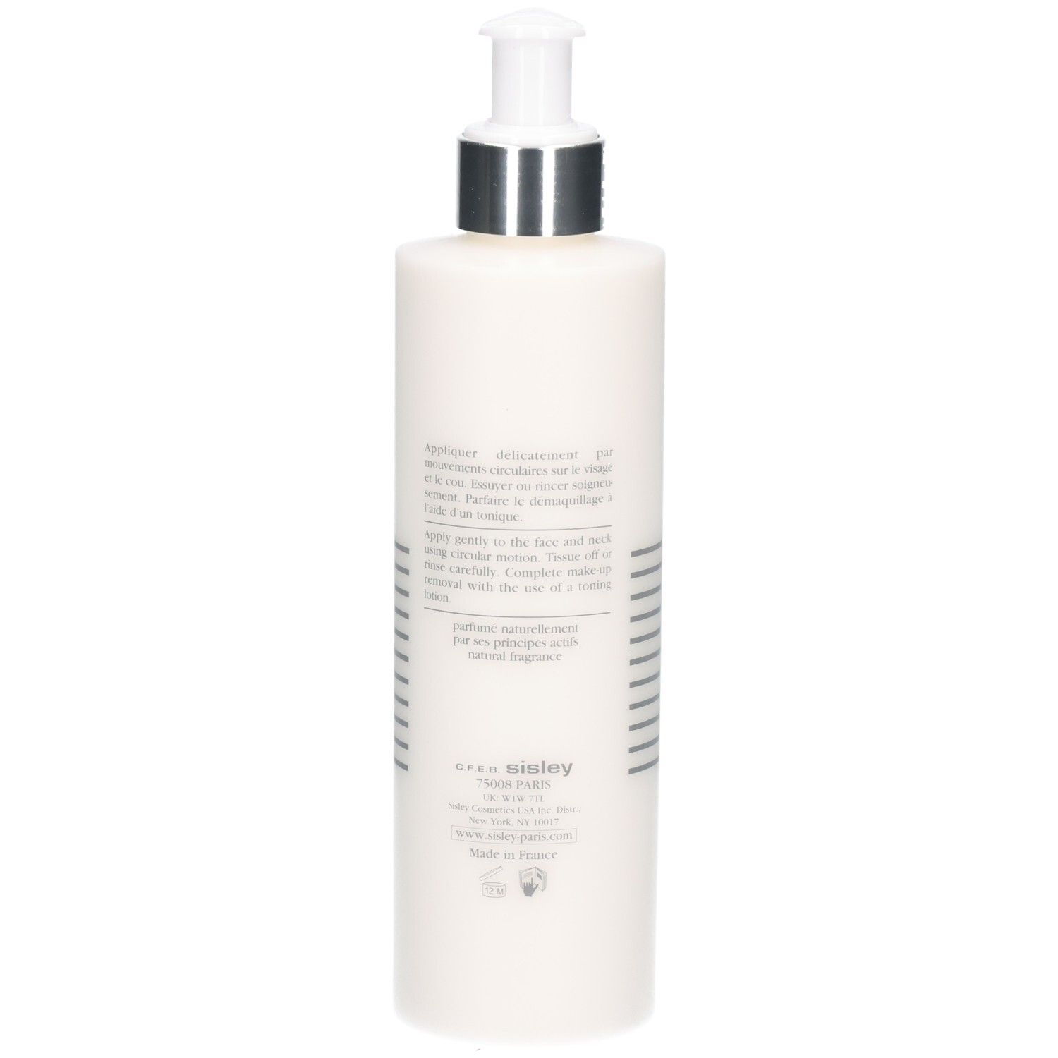 Achterkant van een witte fles met pompdosering, Sisley Lyslait reinigingsmelk, 250 ml.