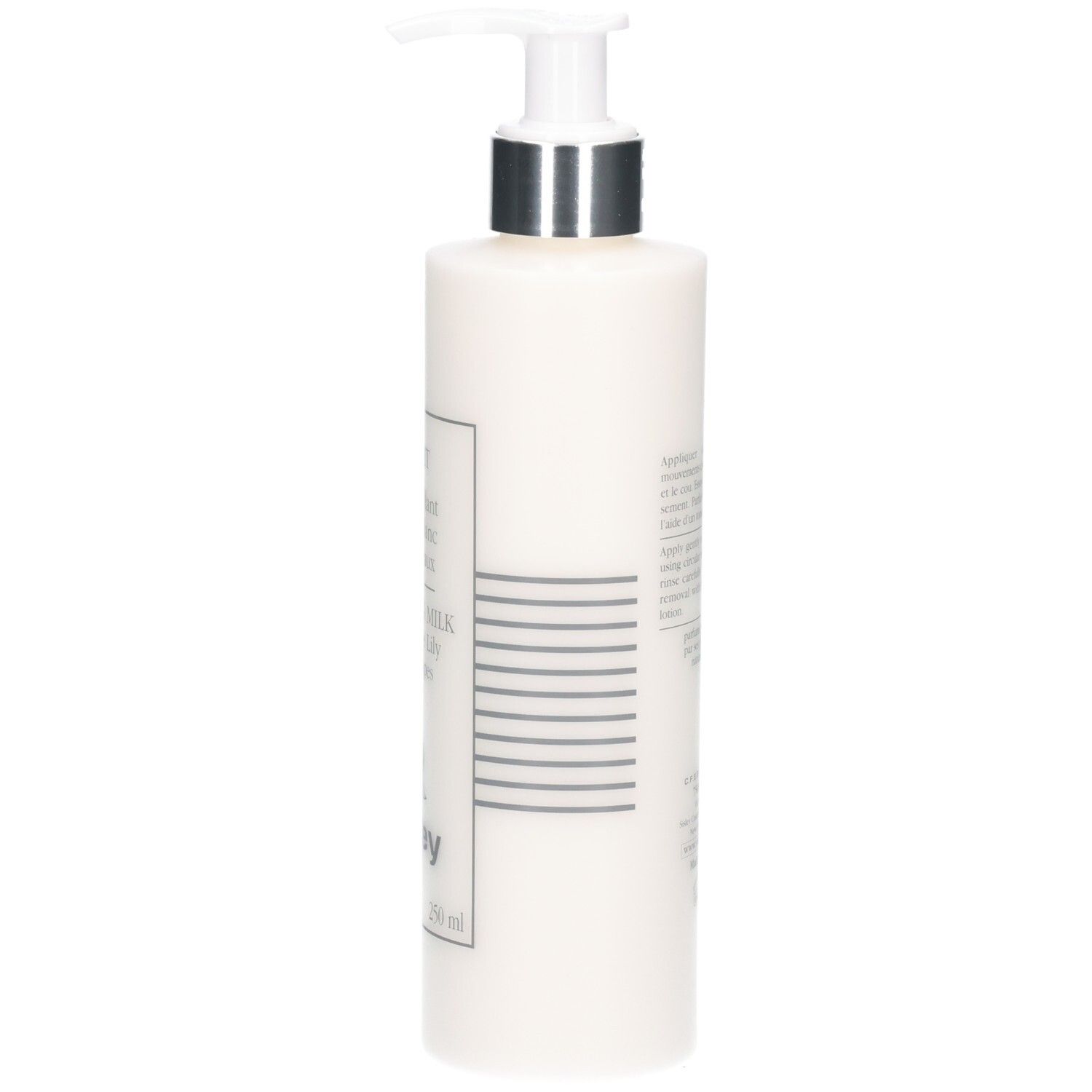 Zijaanzicht van een witte fles met pompdosering, Sisley Lyslait reinigingsmelk, 250 ml.