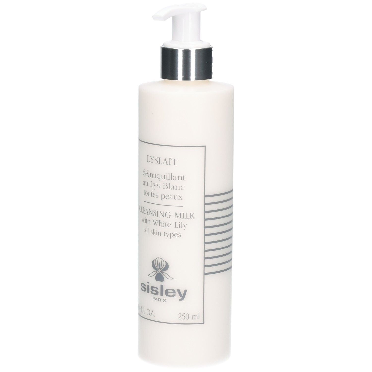 Witte fles met pompdosering, Sisley Lyslait reinigingsmelk, 250 ml.