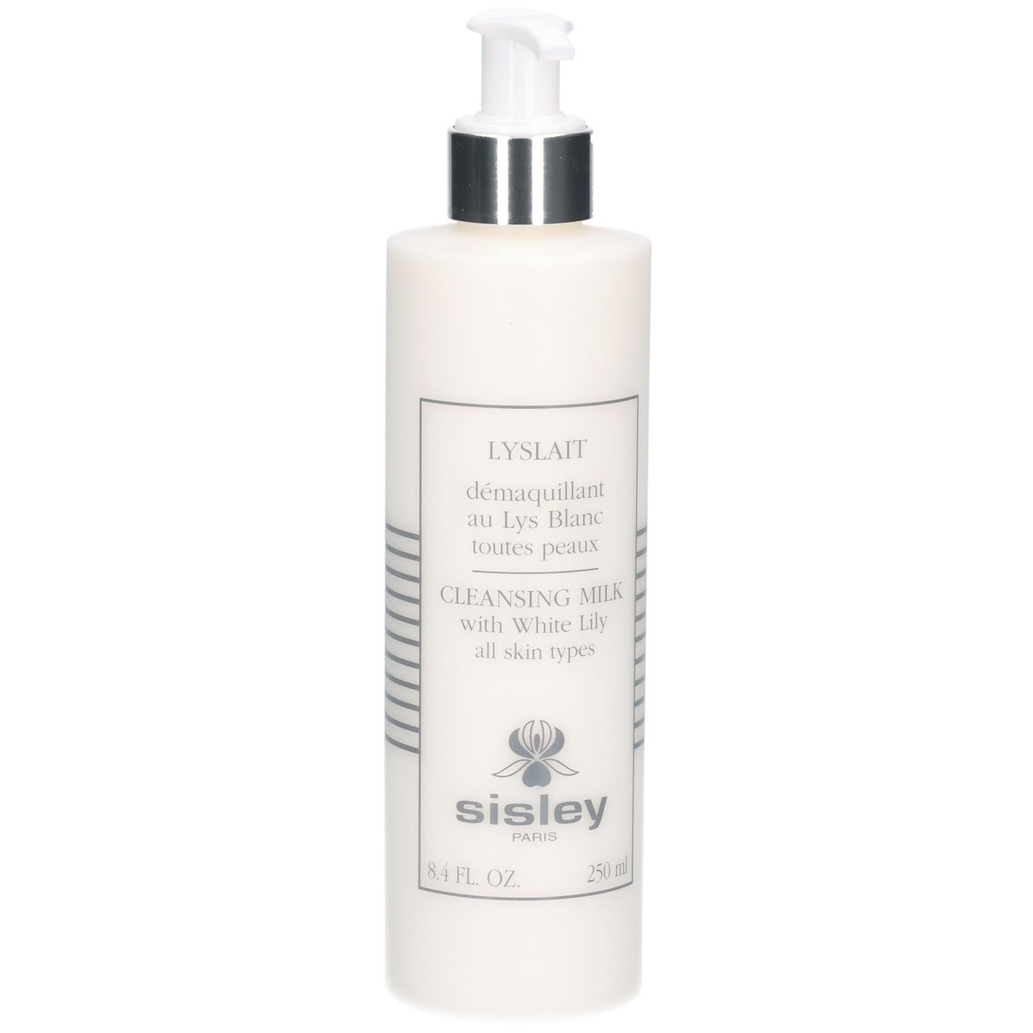 Witte fles met pompdosering, Sisley Lyslait reinigingsmelk, 250 ml.