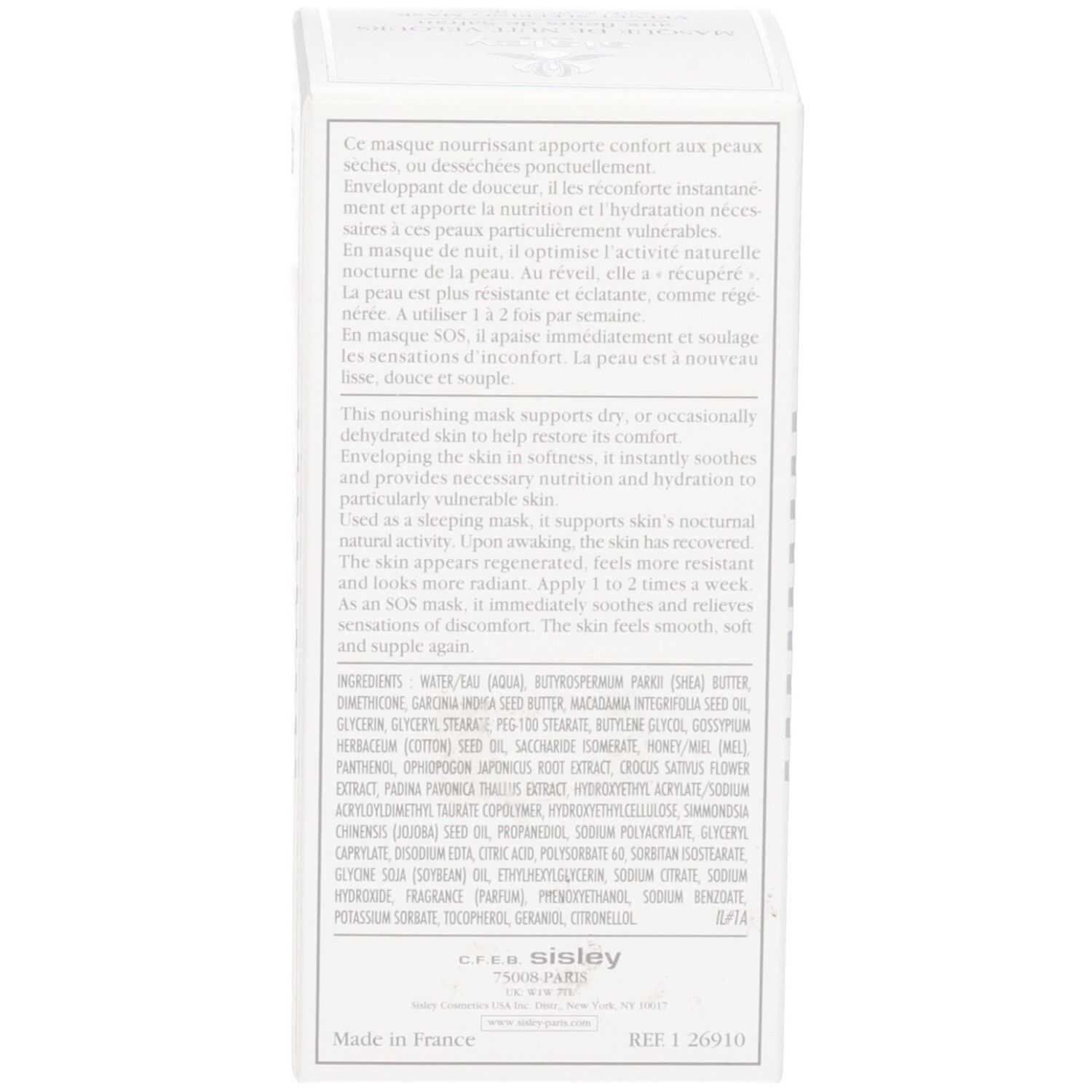 Arrière de l'emballage Sisley Masque de Nuit Velours avec liste des ingrédients.