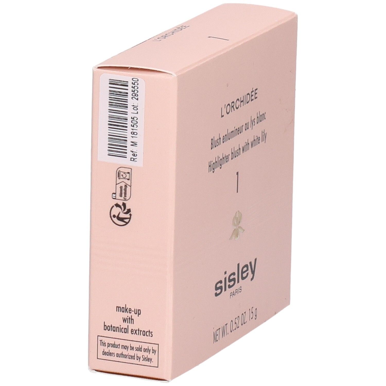 Sisley L'Orchidée Highlighter Blush 1, verpakking met zijaanzicht en etiketten.