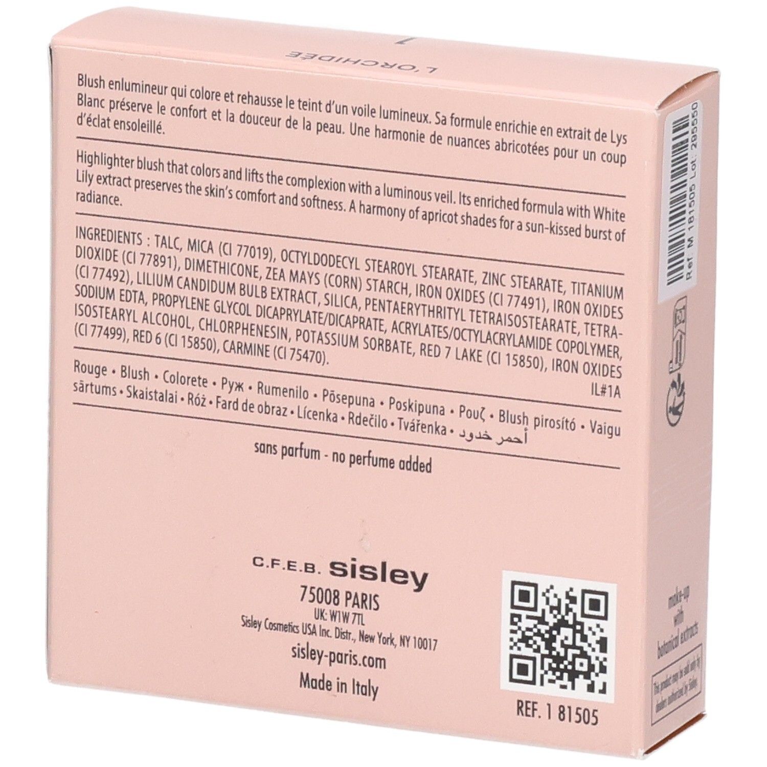 Sisley L'Orchidée Highlighter Blush 1, achterkant van de verpakking met ingrediënten en details.