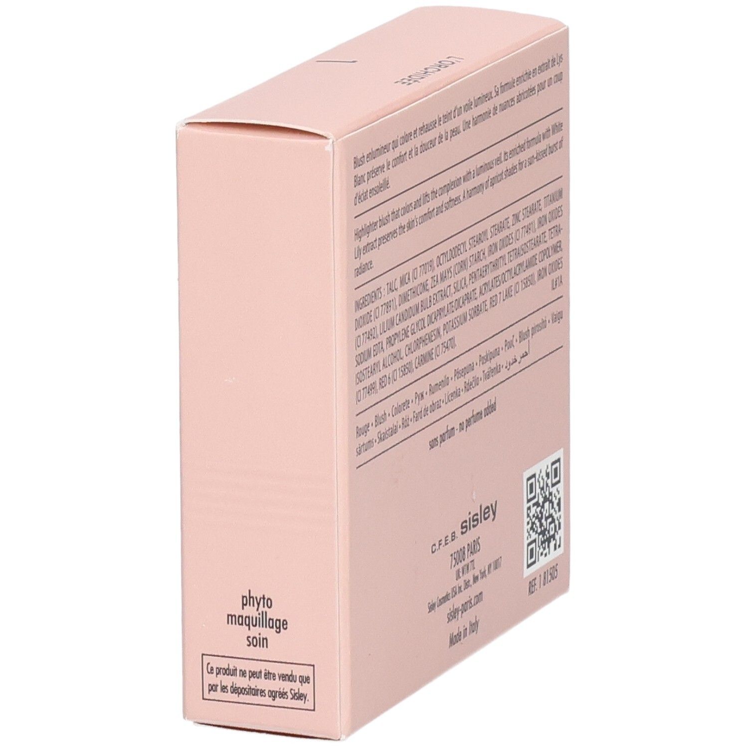 Sisley L'Orchidée Highlighter Blush 1, zijaanzicht van de verpakking met productinformatie.