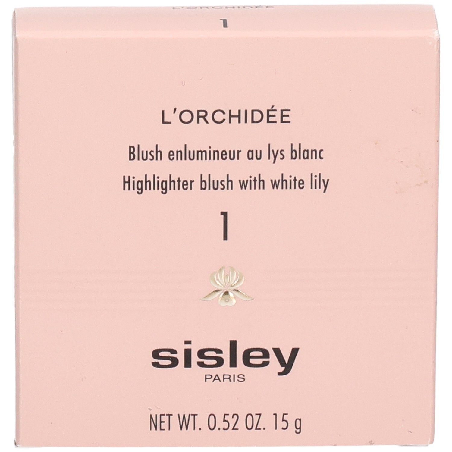 Sisley L'Orchidée Highlighter Blush 1, voorkant van de verpakking met productnaam en gewicht.