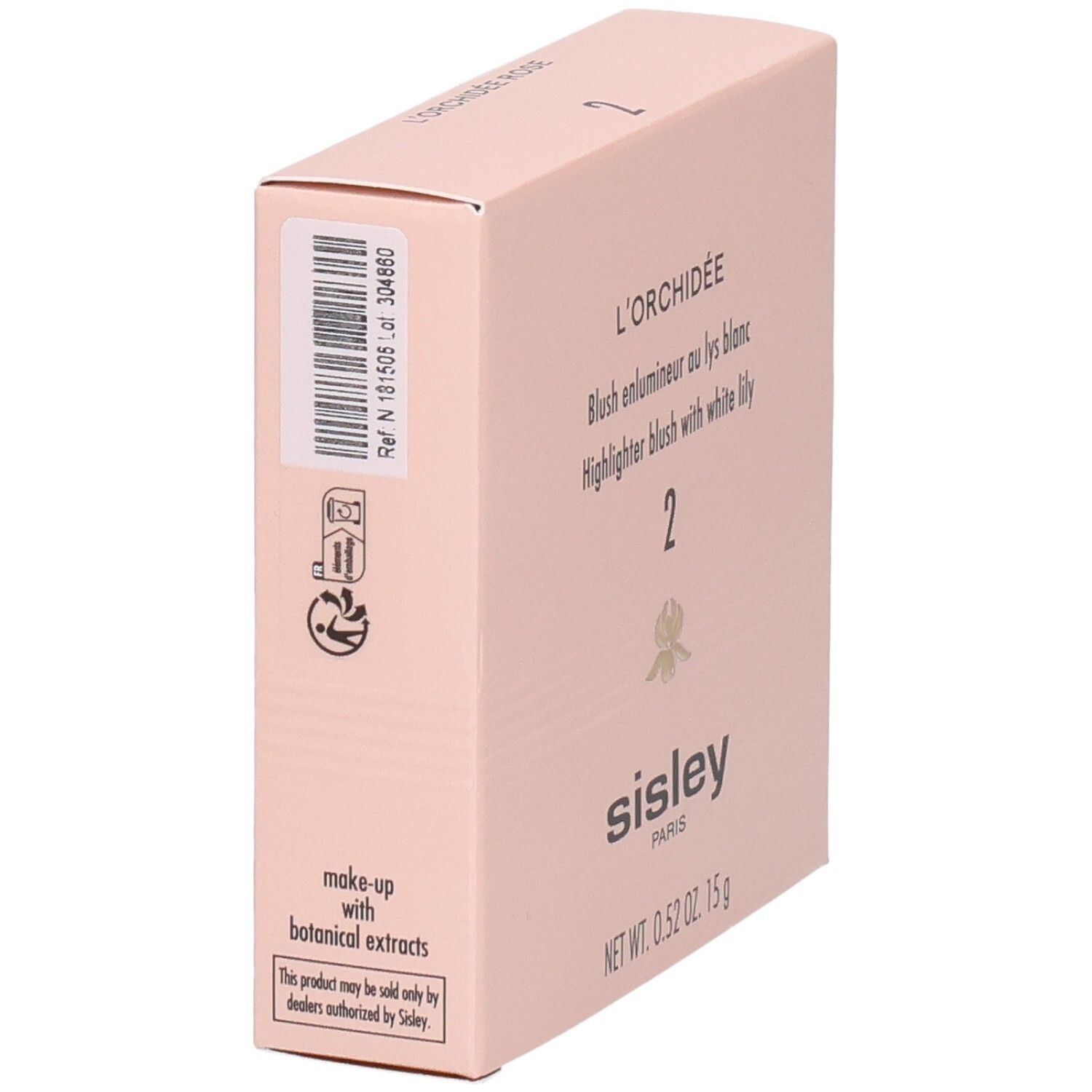 Sisley L'Orchidée Rose Blush, Nr. 2. Zijaanzicht van de roze verpakking met barcode en aanwijzingen.