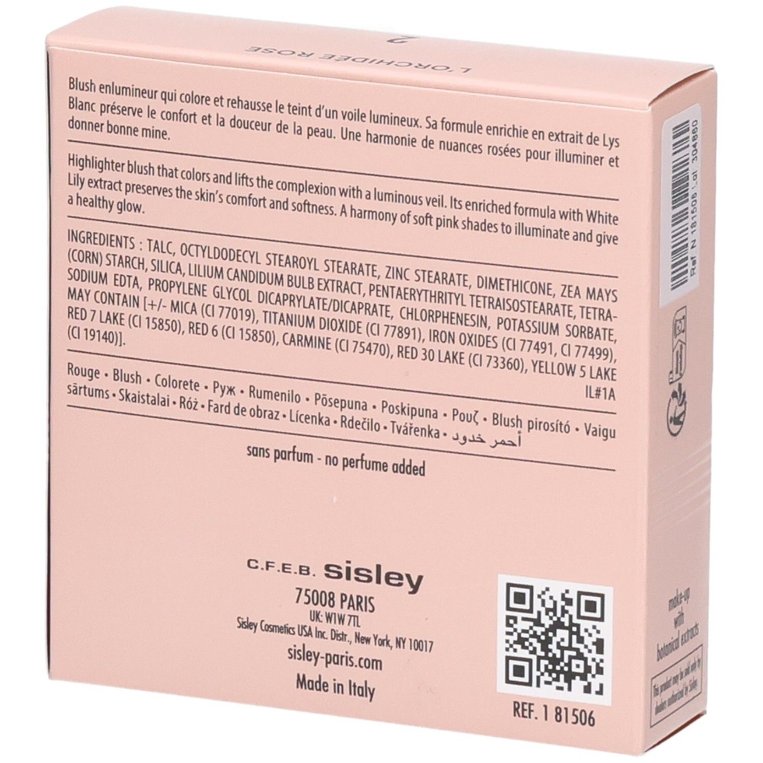 Sisley L'Orchidée Rose Blush, Nr. 2. Achterkant van de roze verpakking met ingrediëntenlijst en fabrikantinformatie.