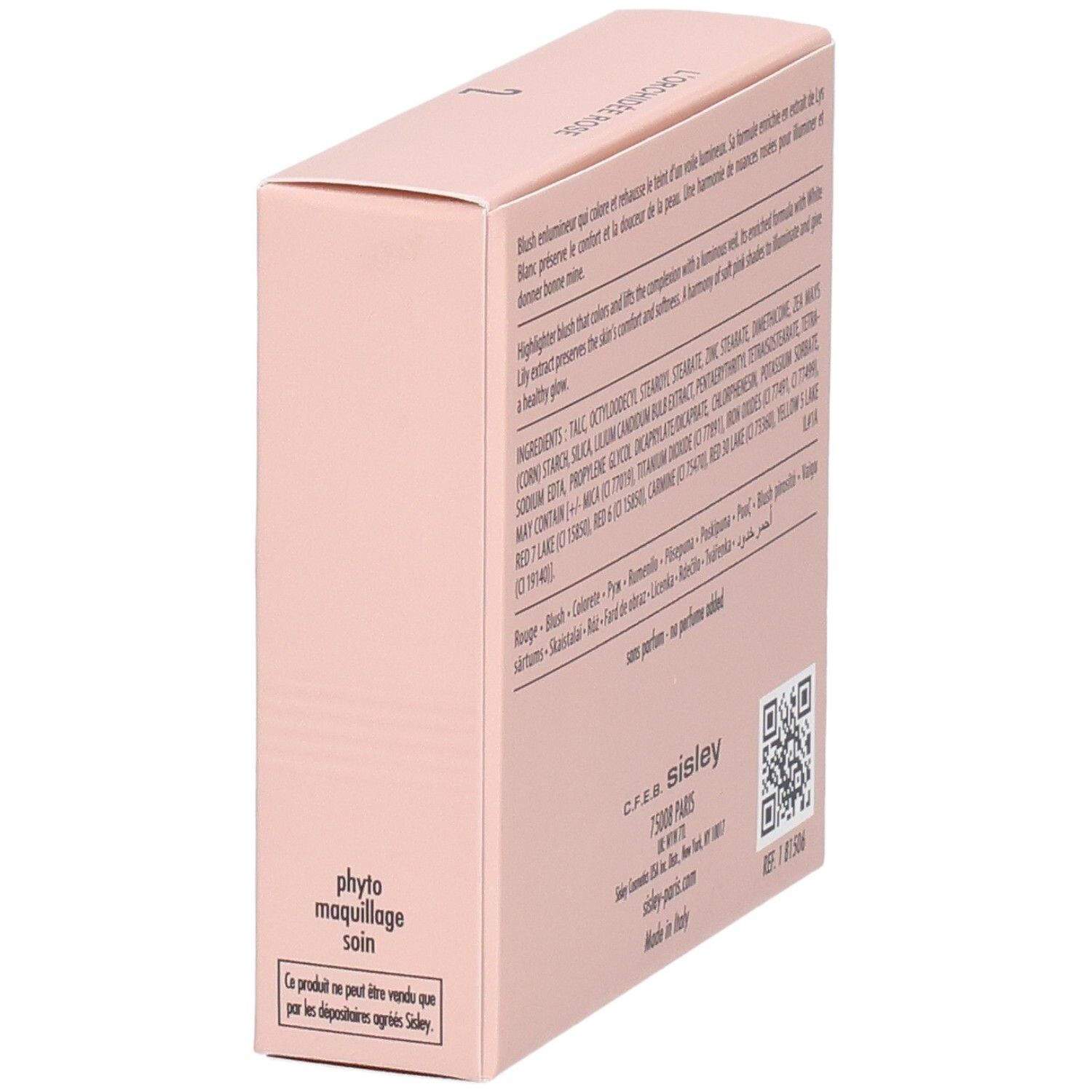 Sisley L'Orchidée Rose Blush, Nr. 2. Zijaanzicht van de roze verpakking met gebruiksinstructies en herkomst.