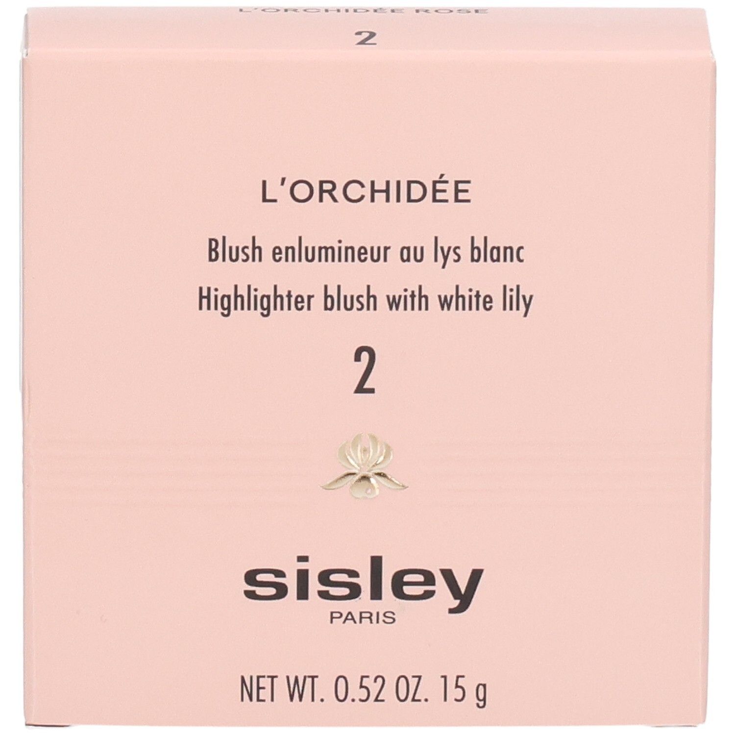 Sisley L'Orchidée Rose Blush, Nr. 2. Voorkant van de roze verpakking met productnaam en logo.