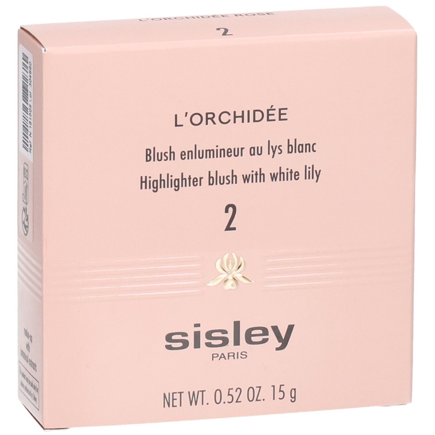 Sisley L'Orchidée Rose Blush, Nr. 2. Roze verpakking met productinformatie, logo en gewicht.