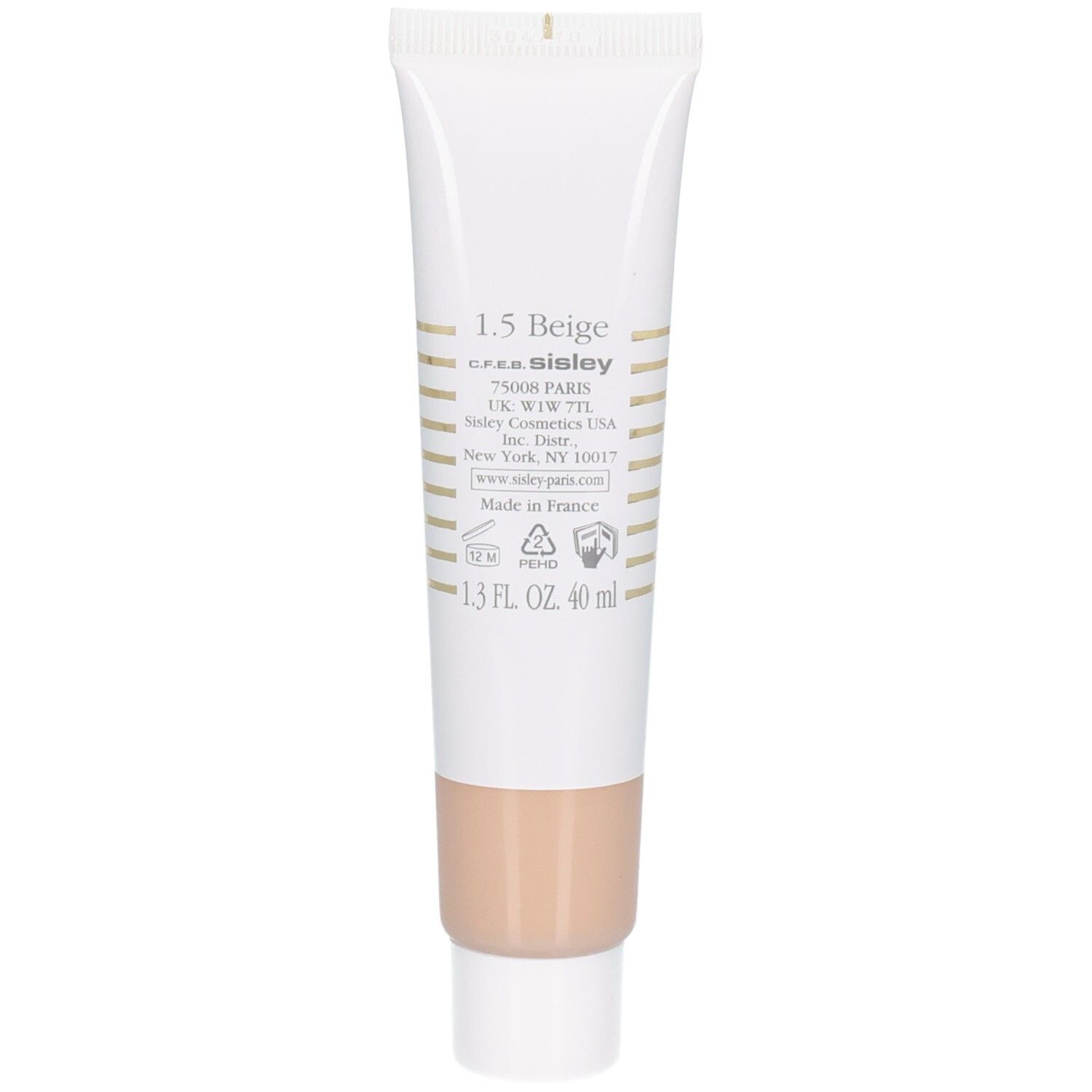 Sisley Phyto-Hydra Teint, achterkant van de tube, tint 1.5 Beige, 40 ml.