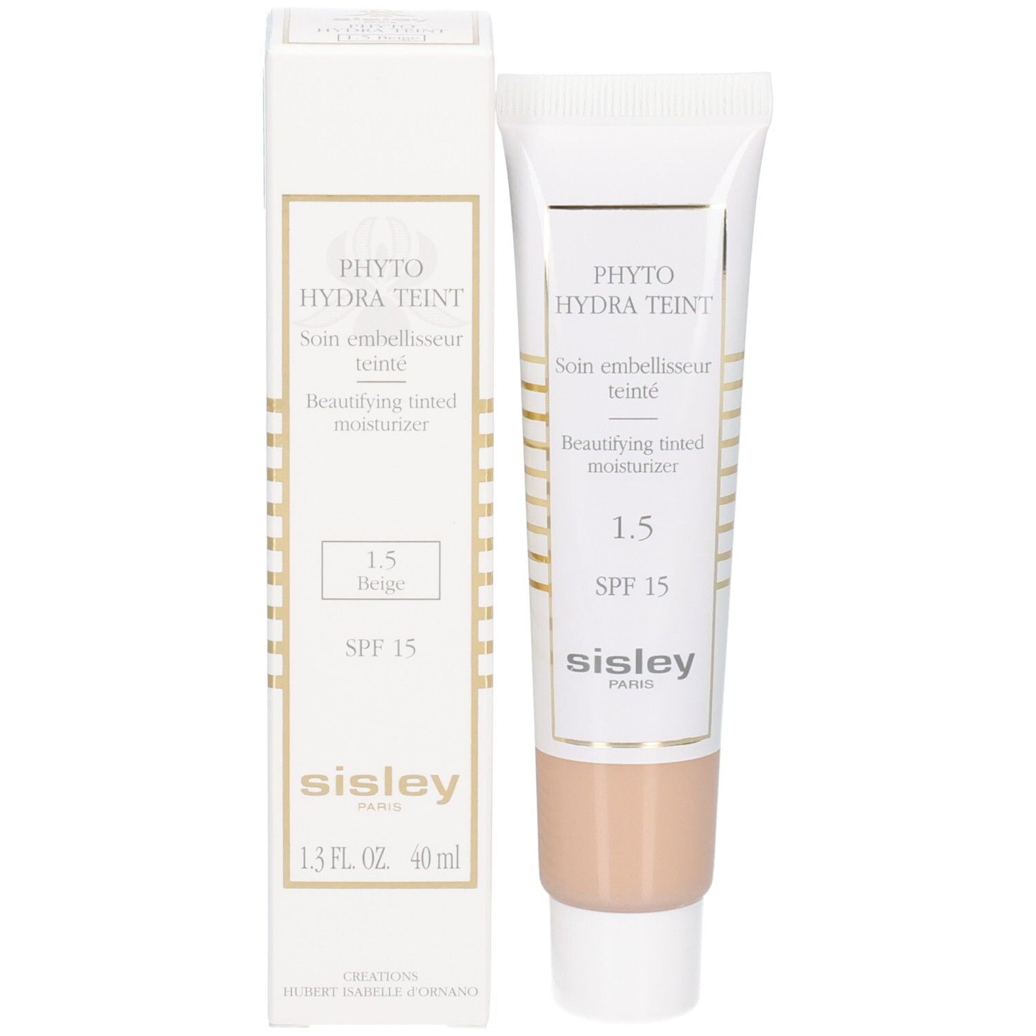 Sisley Phyto-Hydra Teint, tint 1.5 Beige, getinte vochtinbrenger met SPF 15 en verpakking.