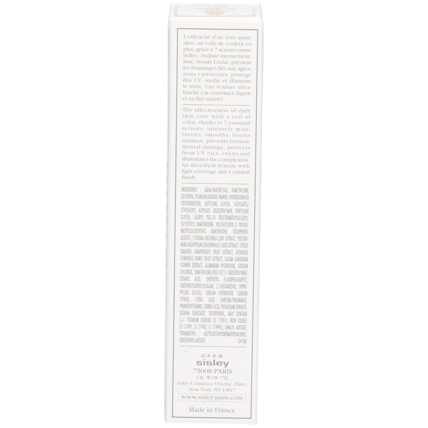 Sisley Phyto-Hydra Teint, zijaanzicht van de verpakking met ingrediënten en fabrikantgegevens.
