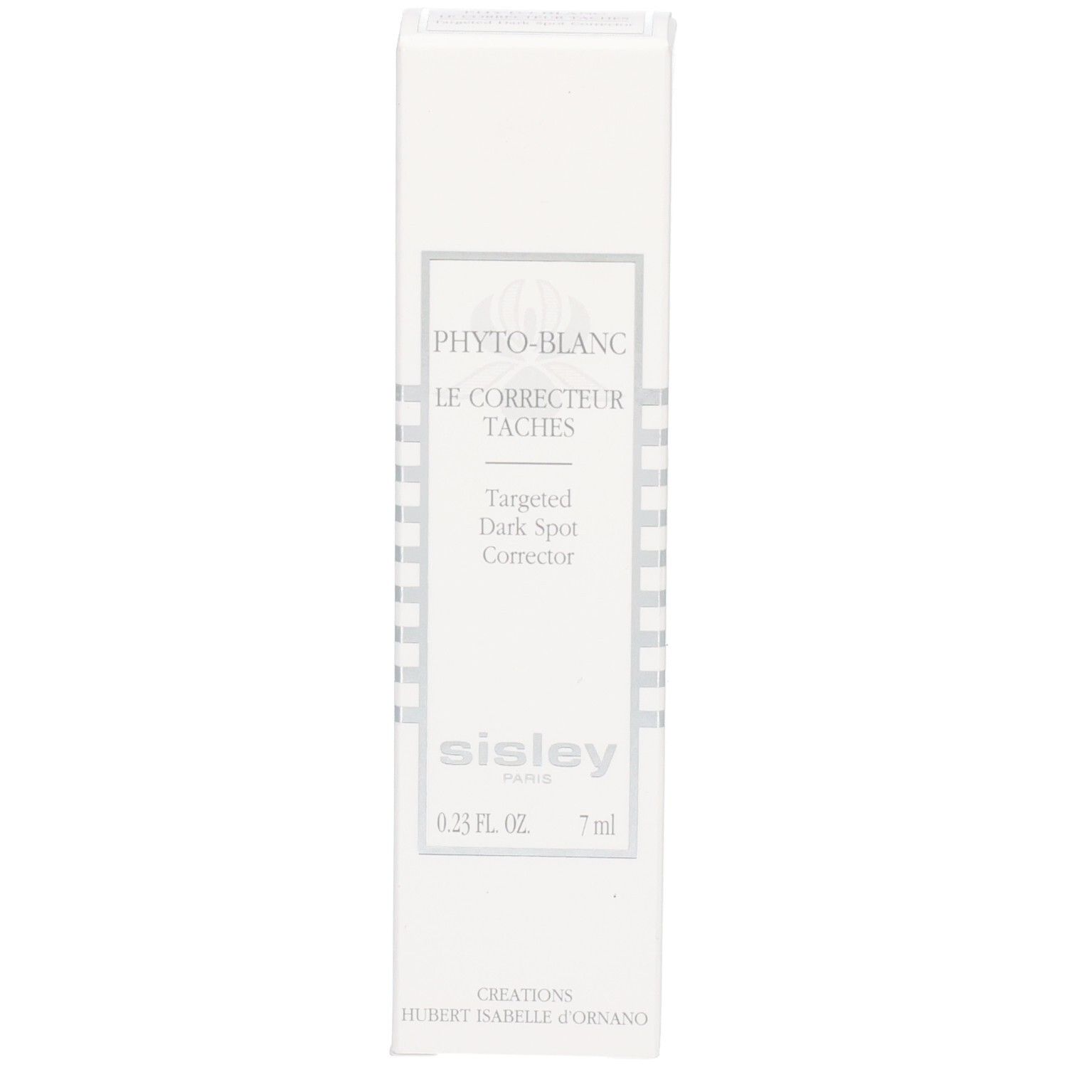 Verpakking van Sisley Phyto-Blanc Gerichte donkere vlekken corrector met zilveren dop.