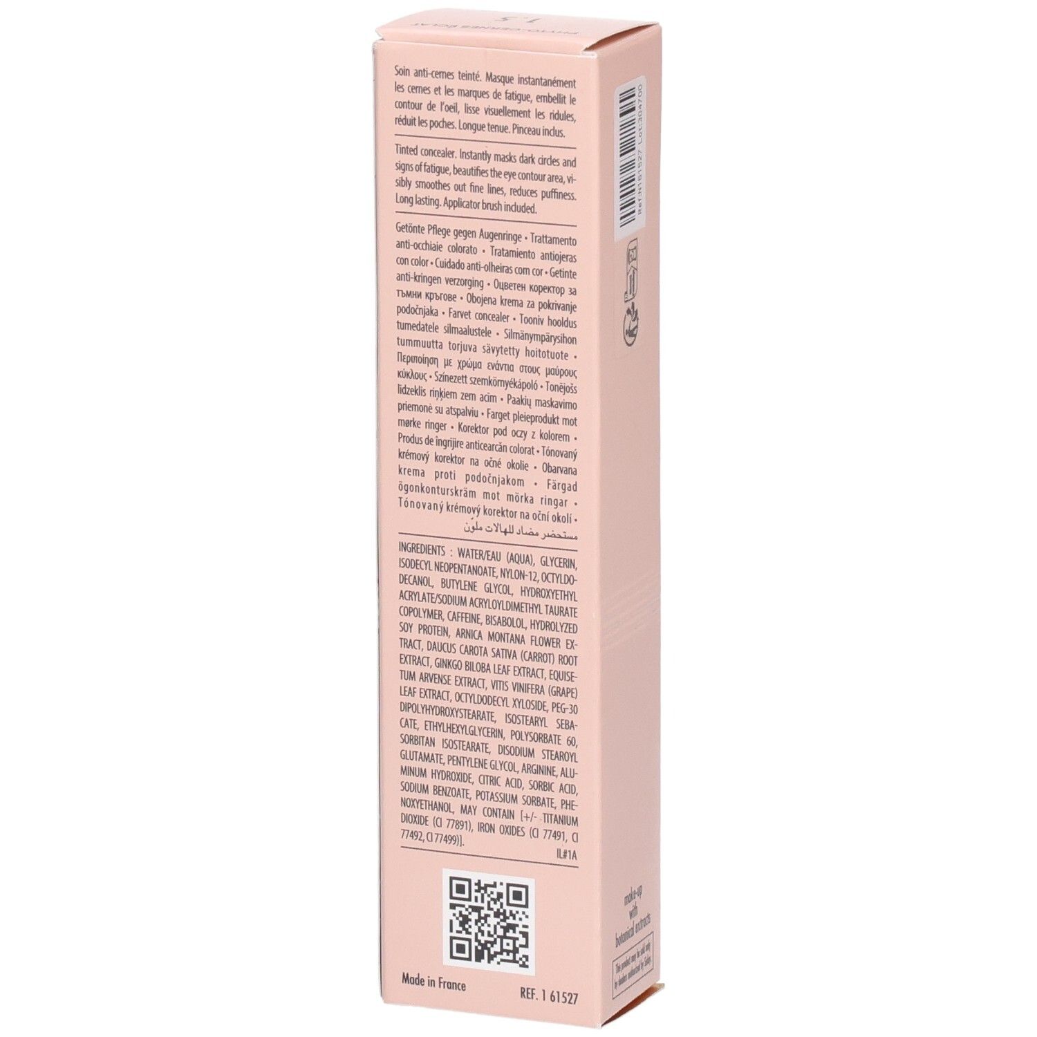 Sisley Phyto-Cernes Éclat oogconcealer, zijkant met gedetailleerde gebruiksinstructies en ingrediënten.