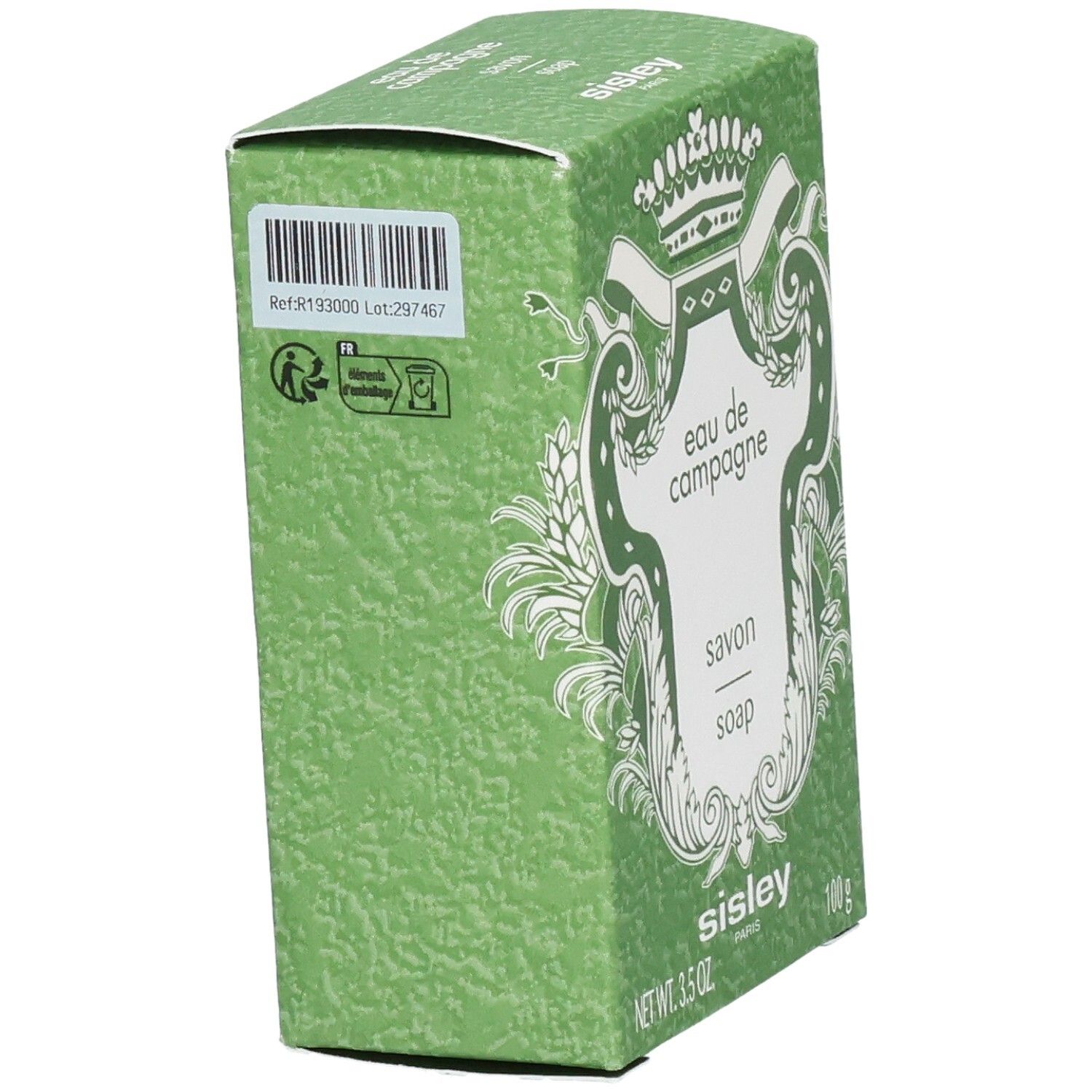 Doos Sisley Eau de Campagne Savon Parfumé, achterkant met barcode en informatie.