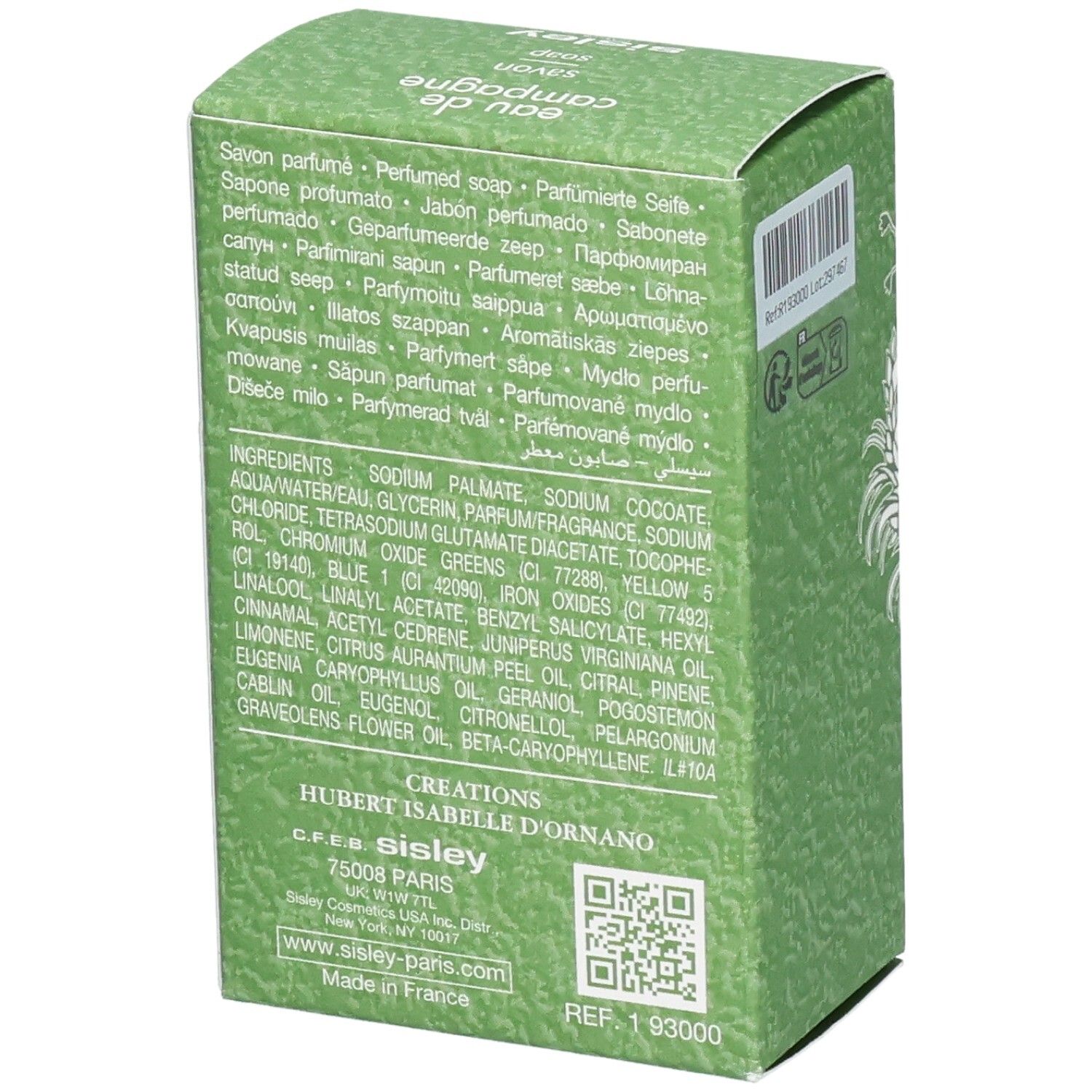 Doos Sisley Eau de Campagne Savon Parfumé, zijkant met ingrediënten en QR-code.
