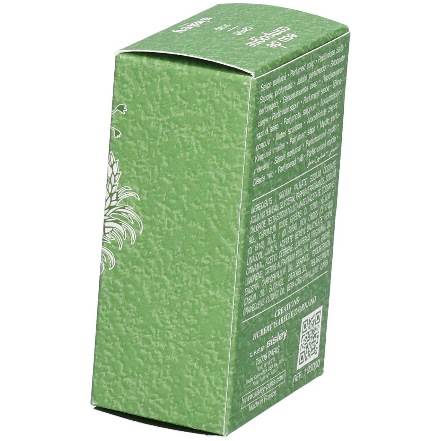 Doos Sisley Eau de Campagne Savon Parfumé, zijkant met ingrediënten en QR-code.