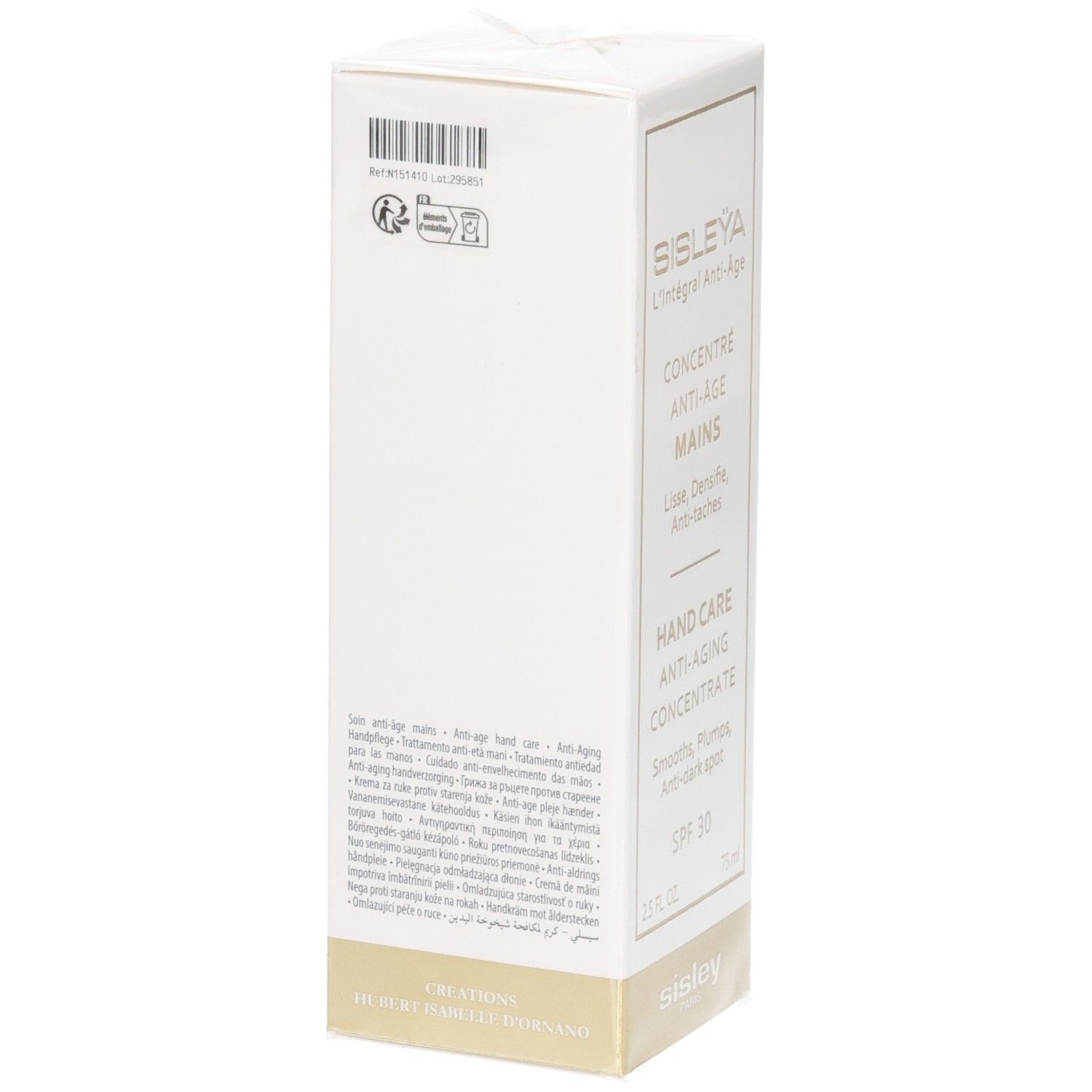 Sisley Sisleya L'Intégral Anti-Âge Handverzorgingsconcentraat, SPF 30, achterkant met barcode en certificeringen.