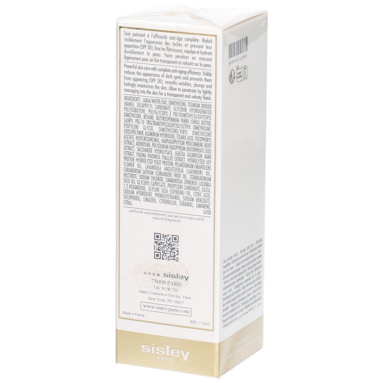 Sisley Sisleya L'Intégral Anti-Âge Handverzorgingsconcentraat, SPF 30, zijkant met ingrediënten en QR-code.