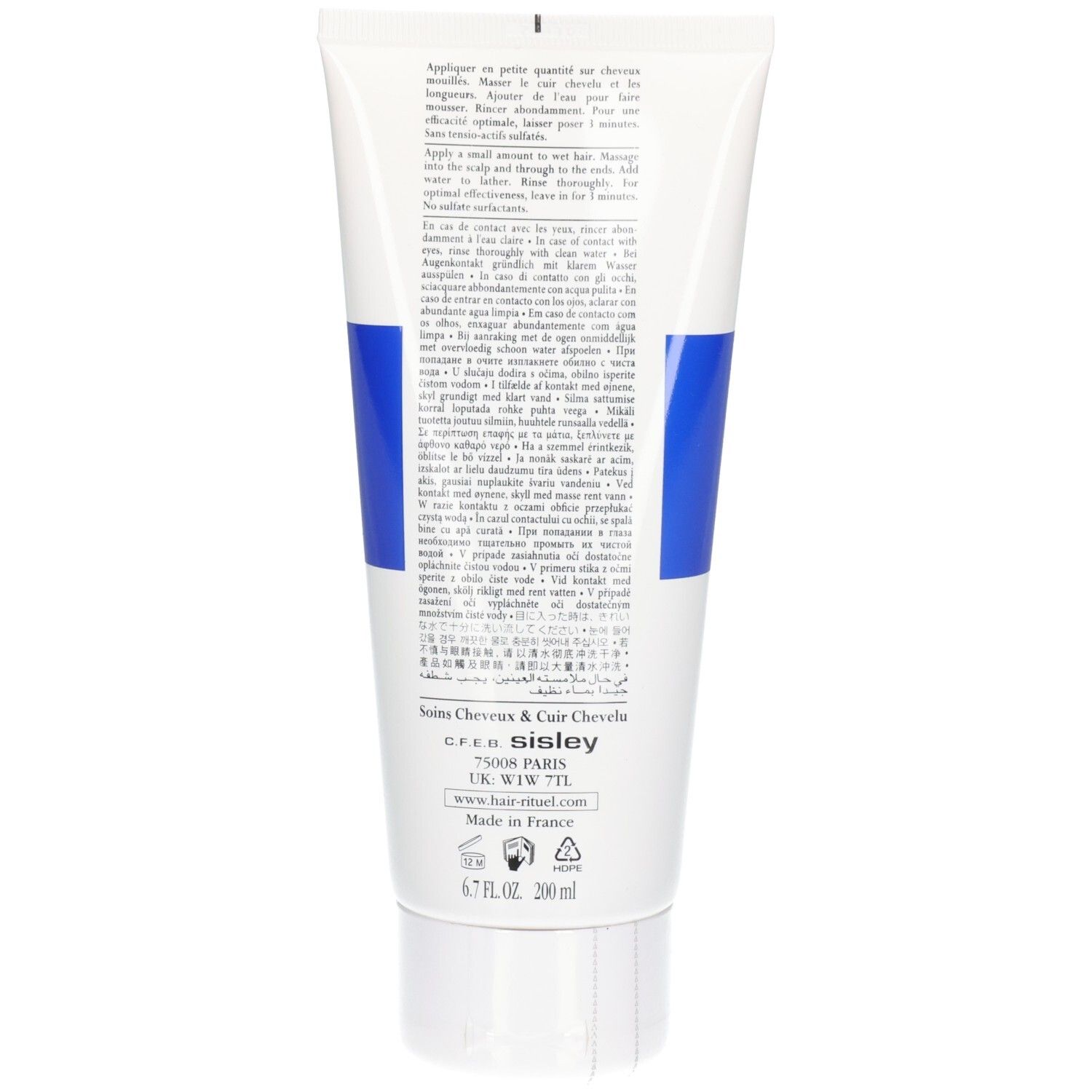 Achterkant van de tube met informatie over kalmerende anti-roos shampoo.