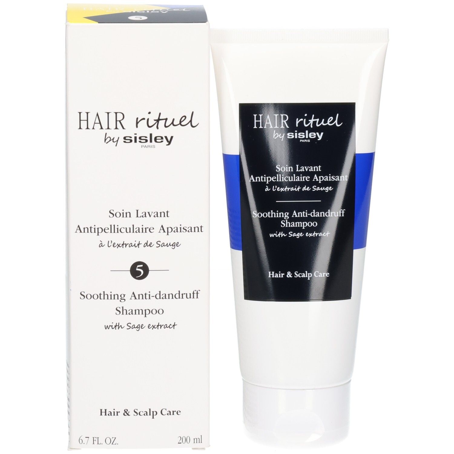 Verpakking en tube van Hair Rituel by Sisley kalmerende anti-roos shampoo.