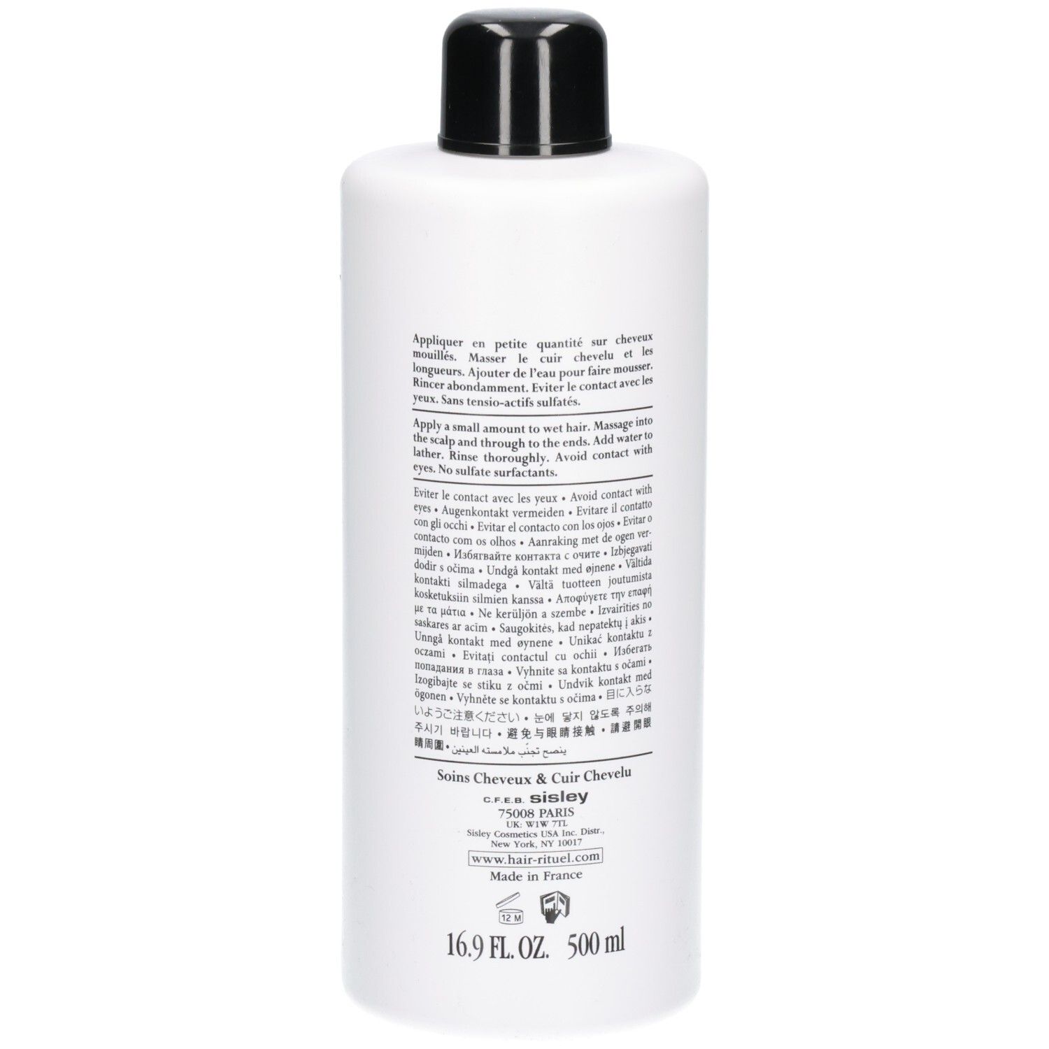 Witte fles met zwart etiket, achterkant met instructies en 500 ml aanduiding.