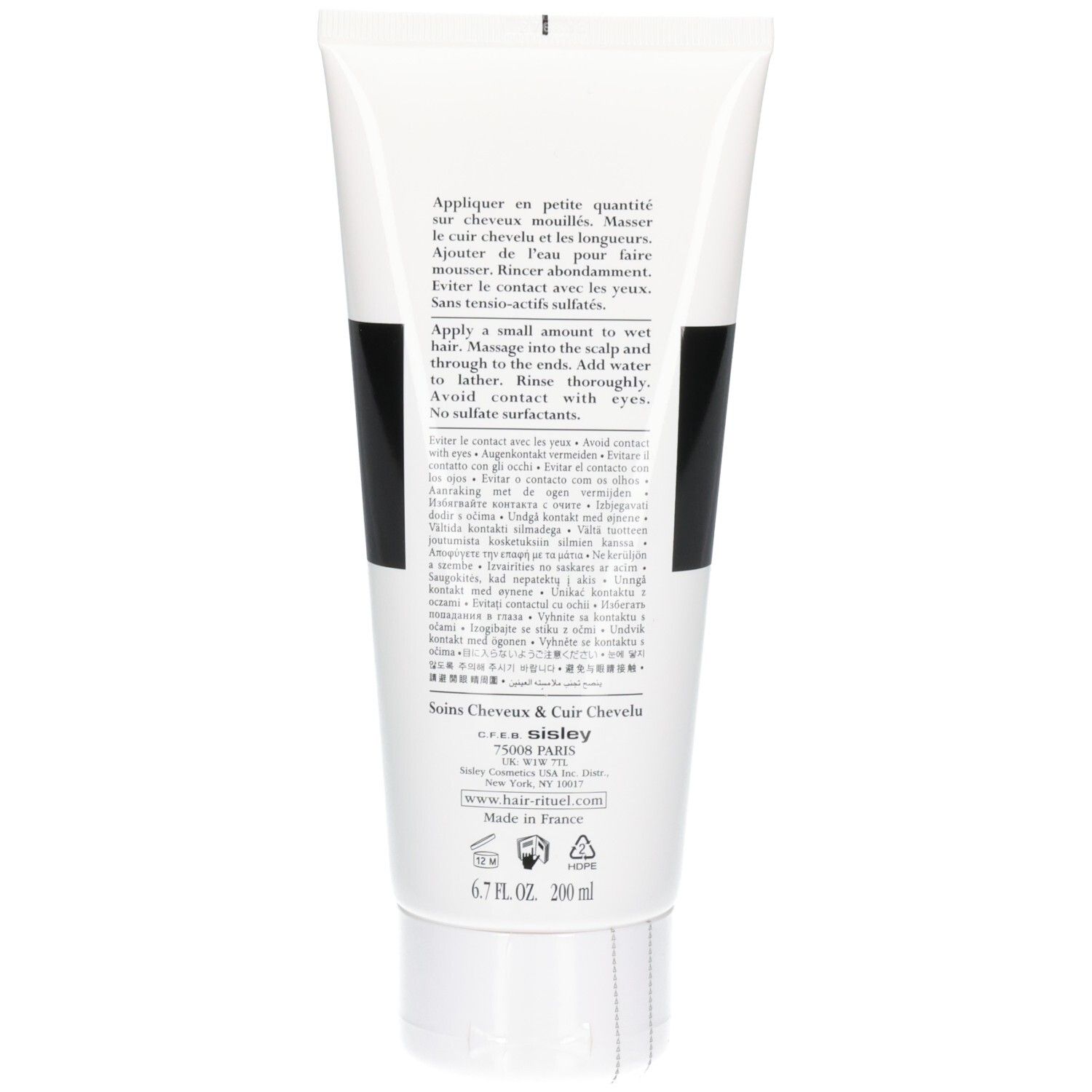 Achterkant van de tube met gebruiksinstructies voor de shampoo.