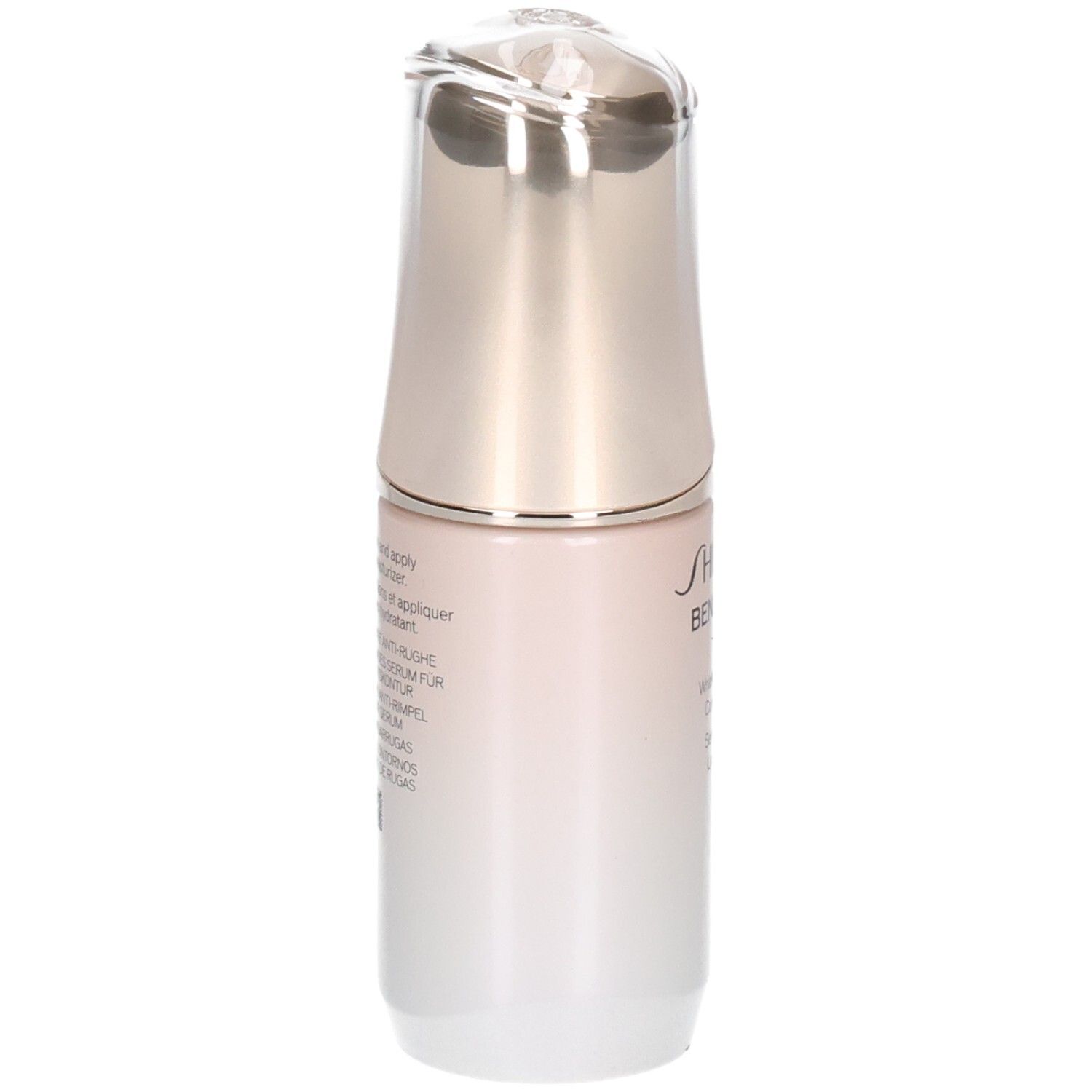Achterkant van het Shiseido Benefiance rimpelgladmakende contourserum met gebruiksinstructies.