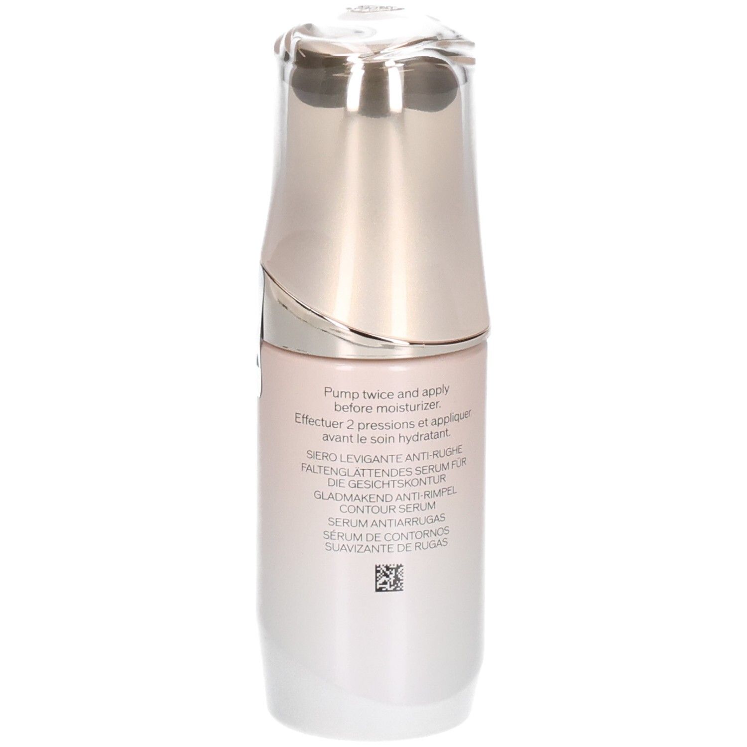 Zijaanzicht van het Shiseido Benefiance rimpelgladmakende contourserum met gebruiksinstructies.