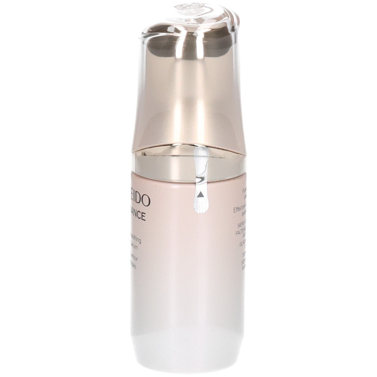 Zijaanzicht van het Shiseido Benefiance rimpelgladmakende contourserum, fles met pompdispenser.